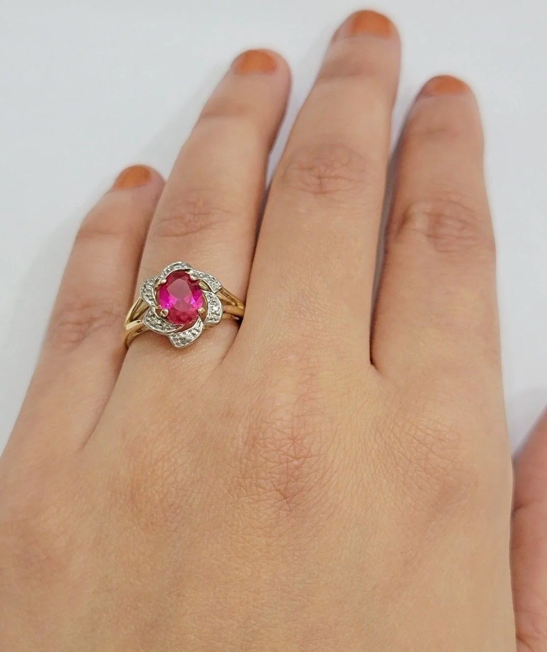 10k Yellow Gold Ladies Ruby Red Ring Women's Casual Band Real 10kt Flower Design Ring Sizes 6,7,8,9,10,11 & 12 - Image 4