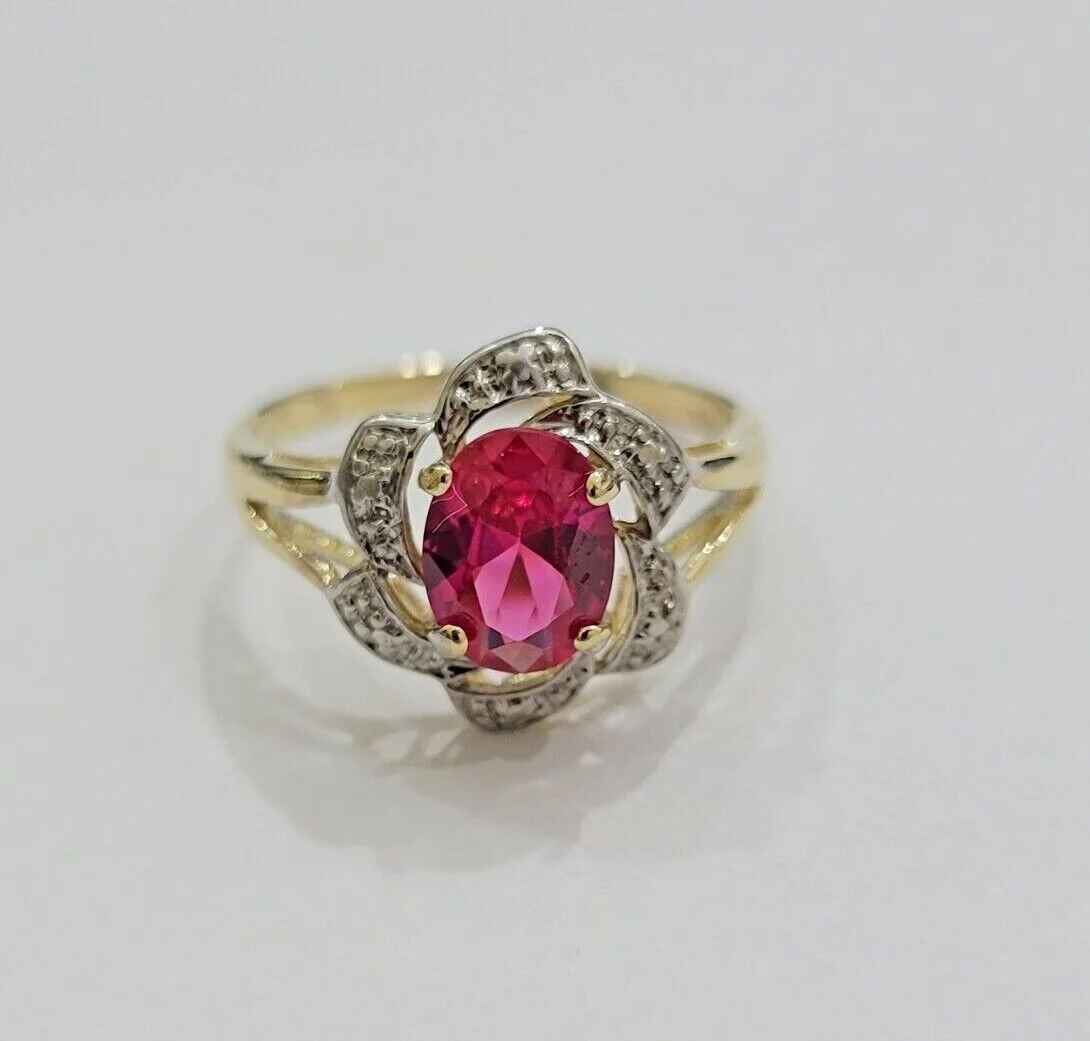 10k Yellow Gold Ladies Ruby Red Ring Women's Casual Band Real 10kt Flower Design Ring Sizes 6,7,8,9,10,11 & 12 - Image 7