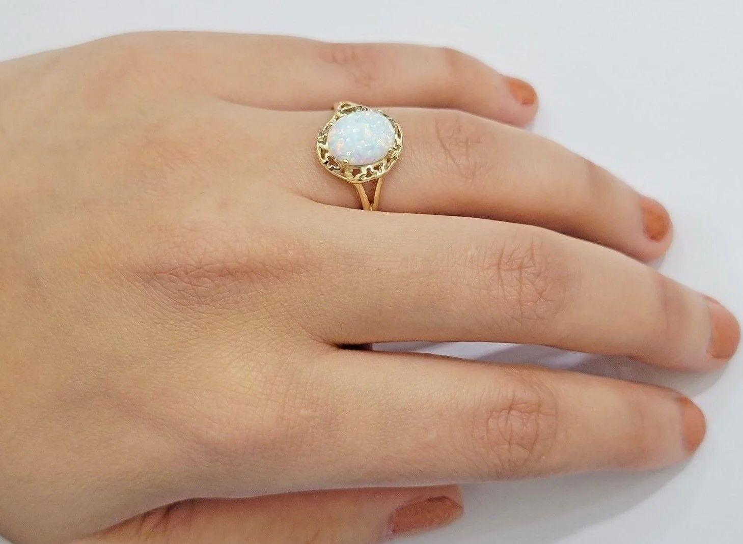 10k Yellow Gold Ladies White Opal Ring For Women Casual Band SALE Real Brand New Ring Sizes 6,7,8,9,10,11 & 12 - Image 4
