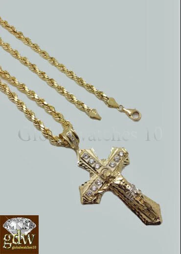 10k Yellow Gold Men Cross Charm Pendant Diamond Cut Angel Jesus Crucifix - Image 6
