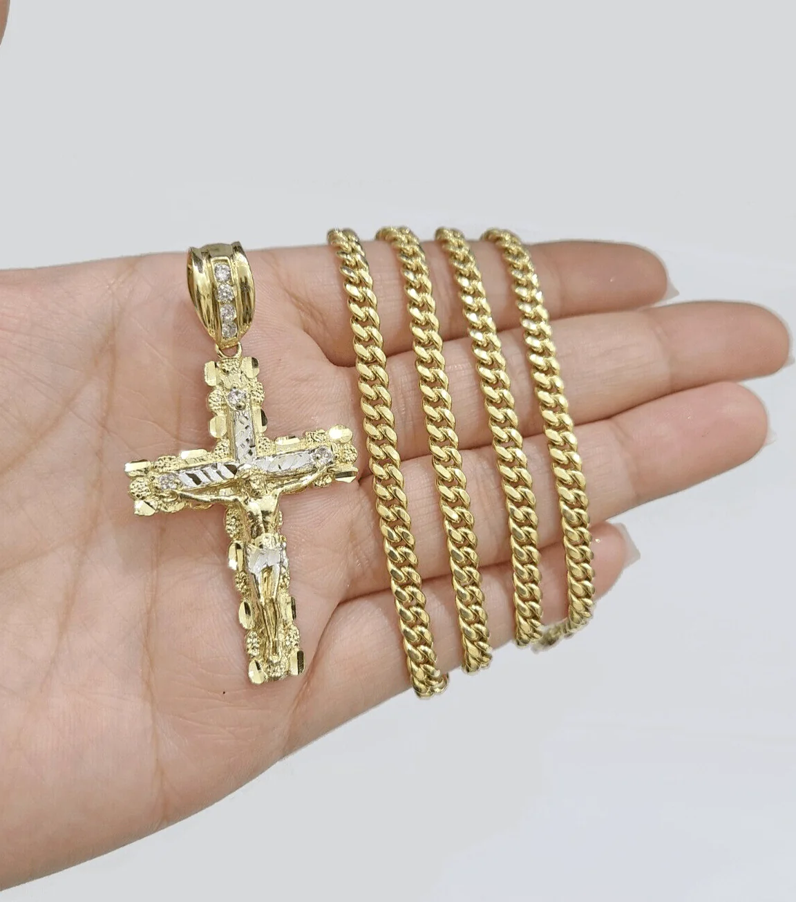 10k Yellow Gold Miami Cuban Chain 5mm 24" inch Necklace Jesus Cross Charm Real - Image 2
