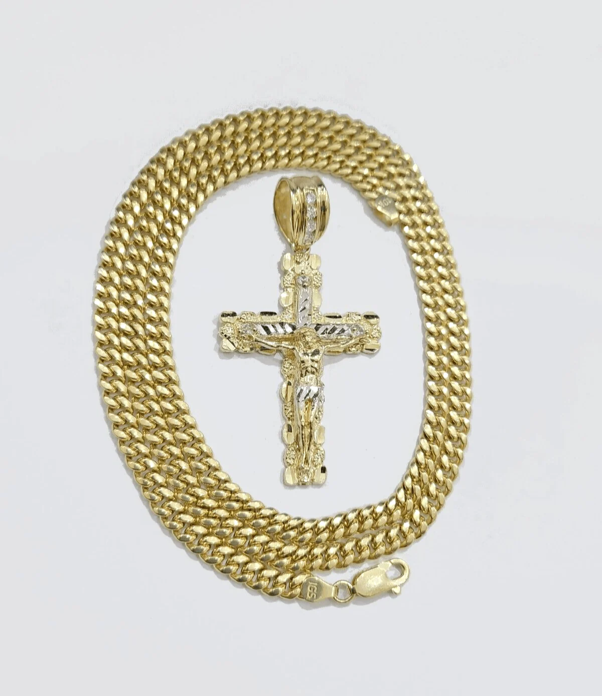 10k Yellow Gold Miami Cuban Chain 5mm 30" inch Necklace Jesus Cross Charm Real - Image 2
