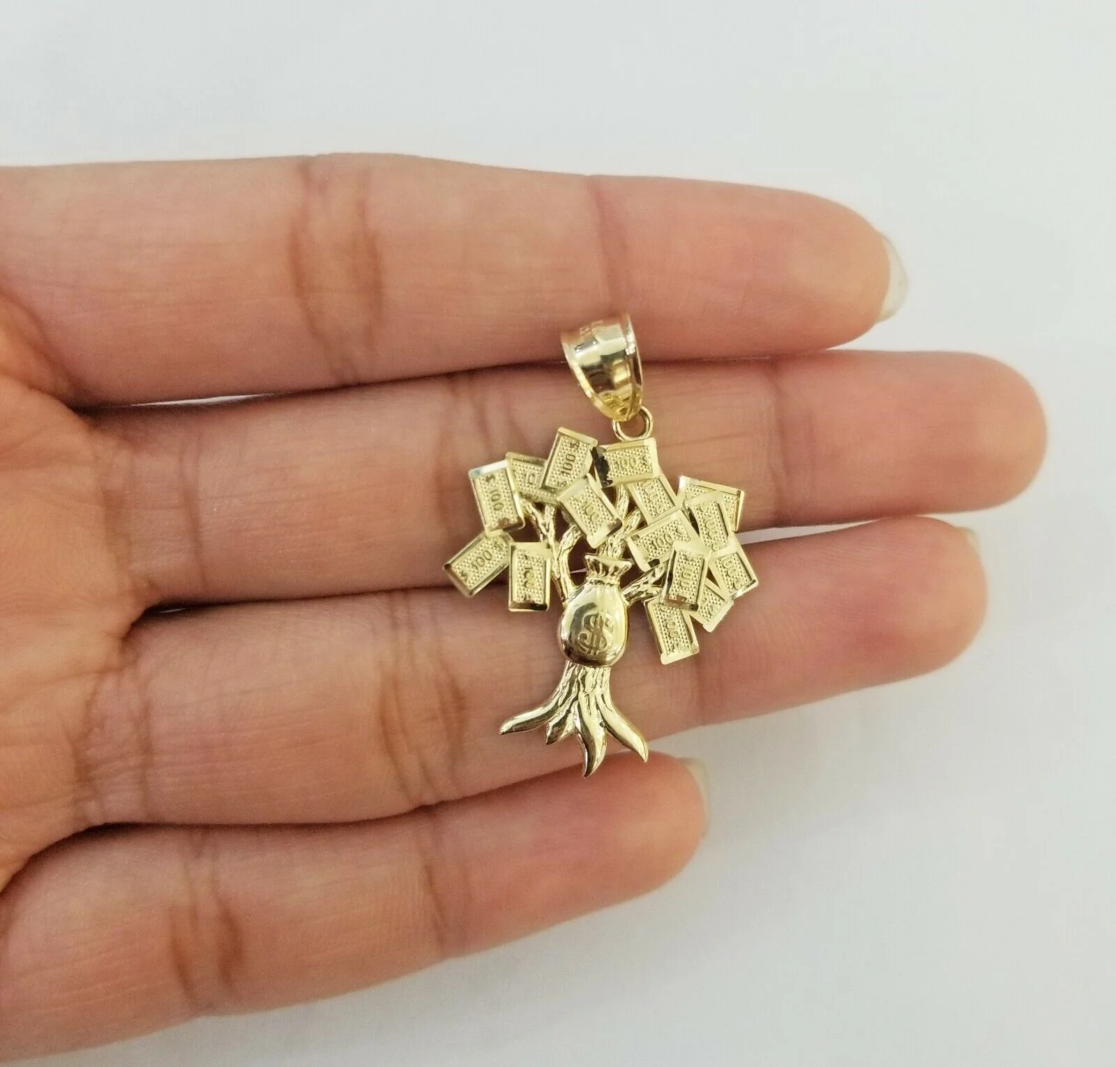 10K Yellow Gold Money Tree Pendant Diamond Cut, 10KT Real Gold $100 Sign Bag - Image 3