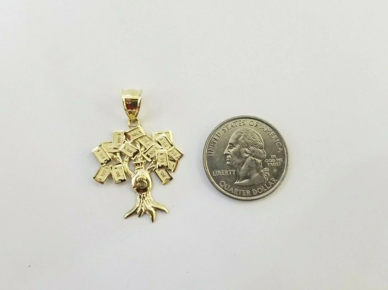 10K Yellow Gold Money Tree Pendant Diamond Cut, 10KT Real Gold $100 Sign Bag - Image 5