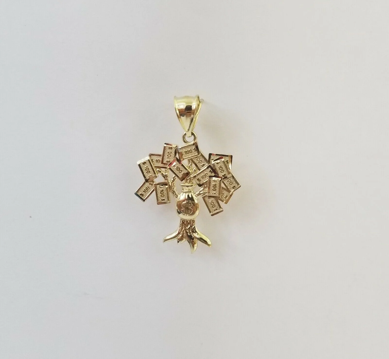 10K Yellow Gold Money Tree Pendant Diamond Cut, 10KT Real Gold $100 Sign Bag - Image 6