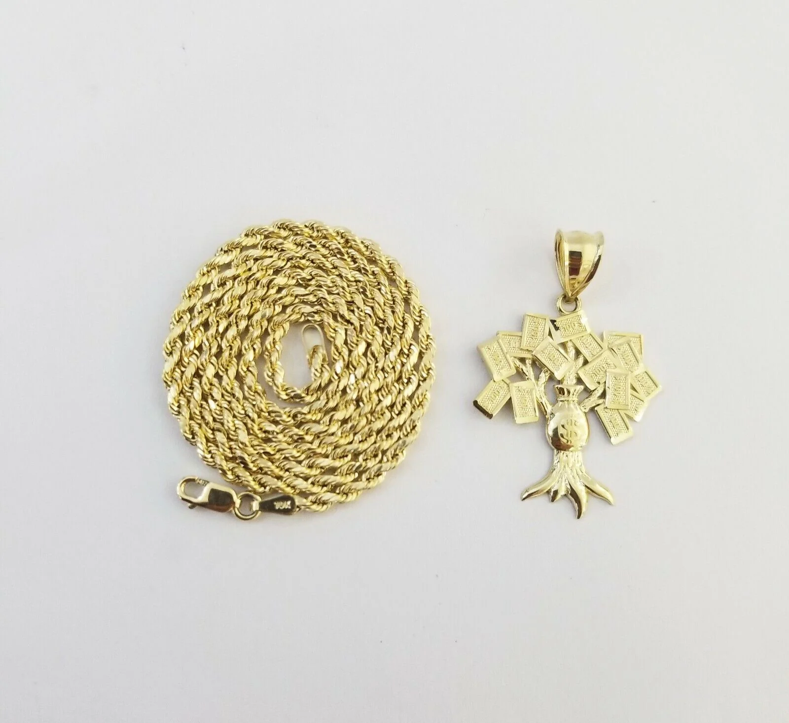10k Yellow Gold Money Tree Pendant with 18 inch rope chain 3mm 10kt gold set - Image 3
