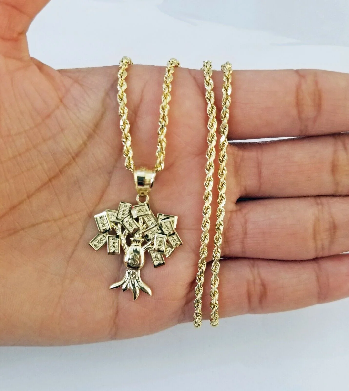 10k Yellow Gold Money Tree Pendant with 18 inch rope chain 3mm 10kt gold set - Image 4