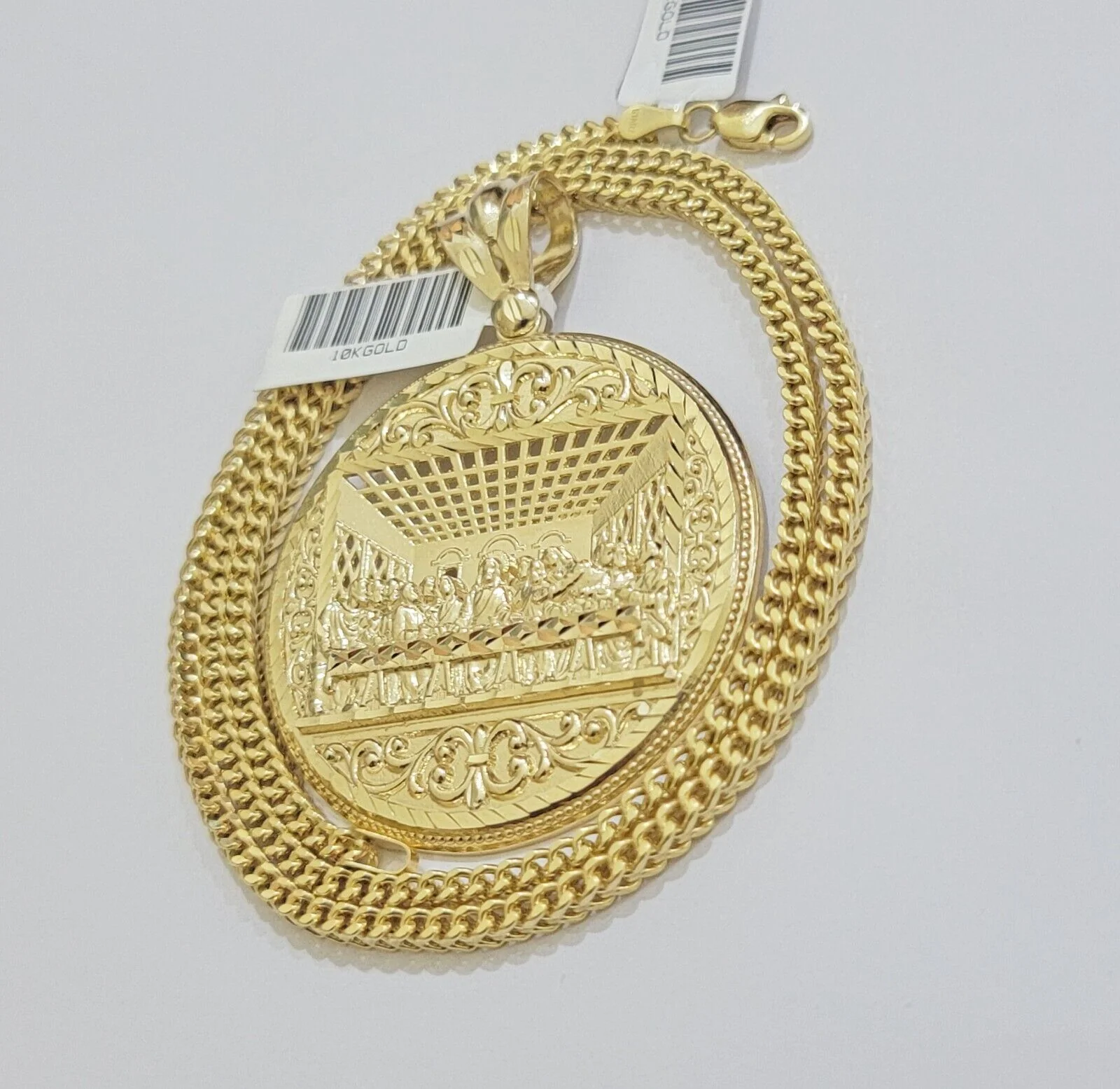 10k Yellow Gold Necklace 22" Franco Chain & Last Supper Charm Pendant SET REAL - Image 7
