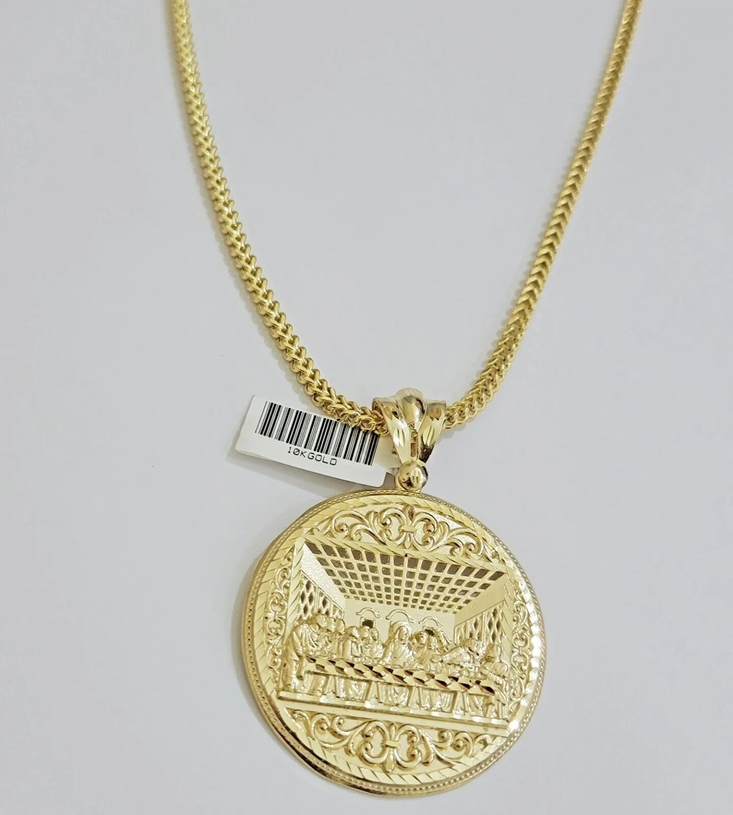 10k Yellow Gold Necklace 22" Franco Chain & Last Supper Charm Pendant SET REAL - Image 8