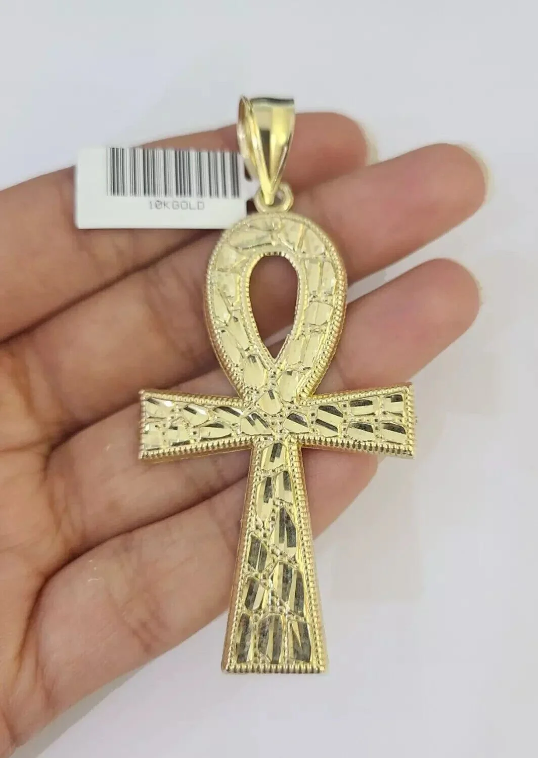 10k Yellow Gold Nugget Ankh Charm Pendant 2.75 Inch For Men's REAL 10KT Gold - Image 4