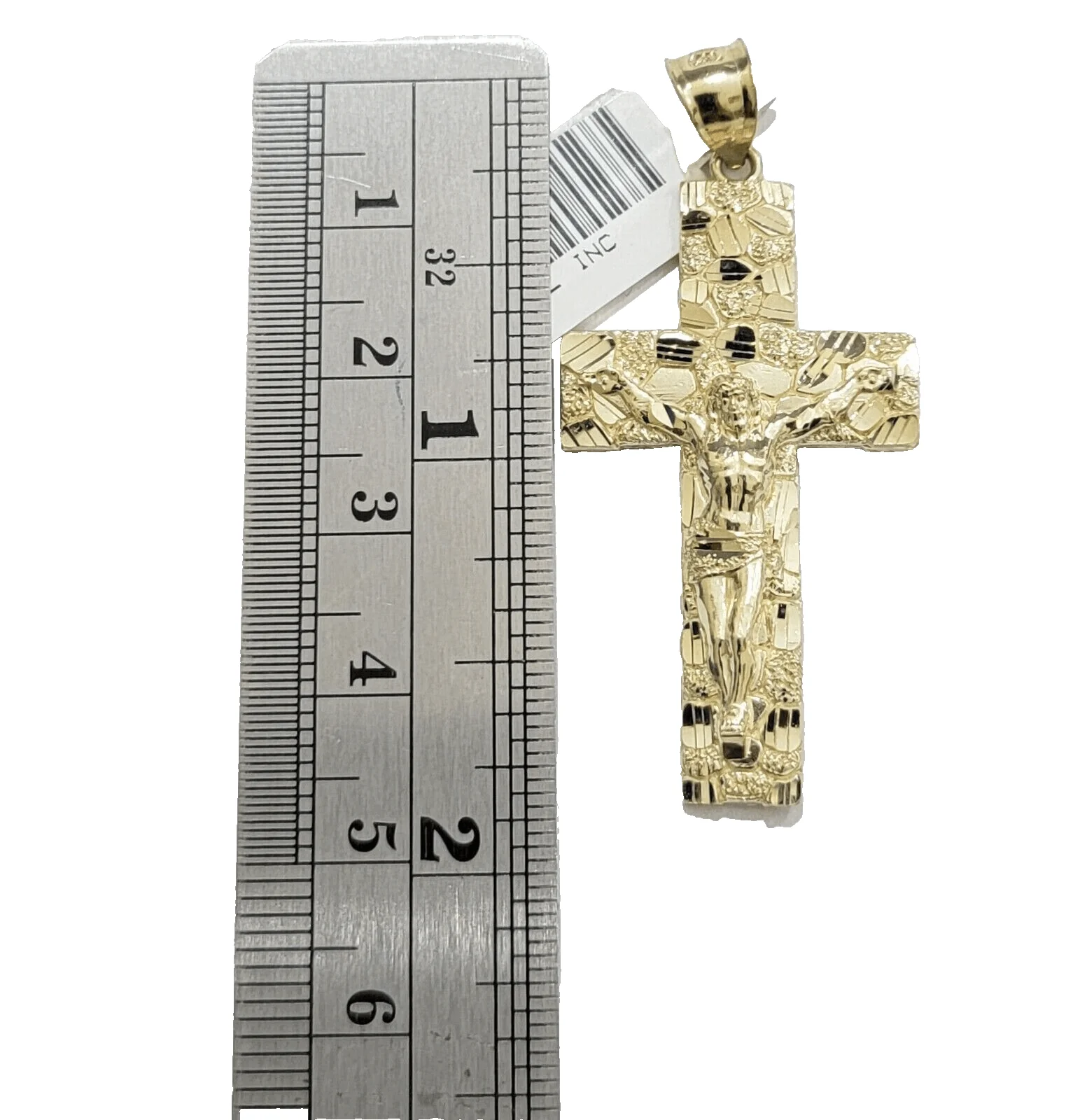 10k Yellow Gold Nugget Jesus Cross Charm Pendant 2'' inches Real 10kt Chain - Image 2