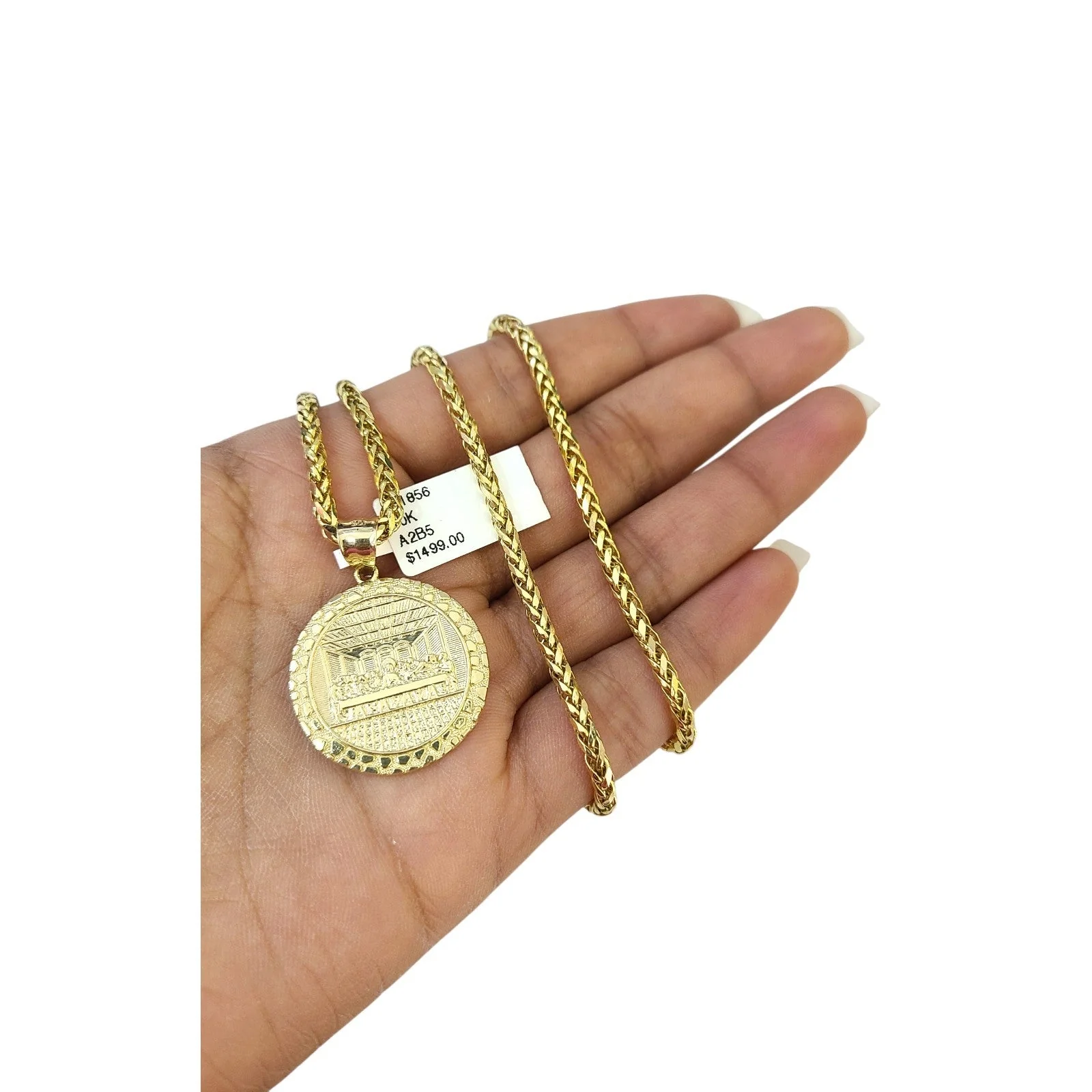 10k Yellow Gold Palm Chain Nugget Last Supper Pendant Charm 3mm SET Necklace - Image 3