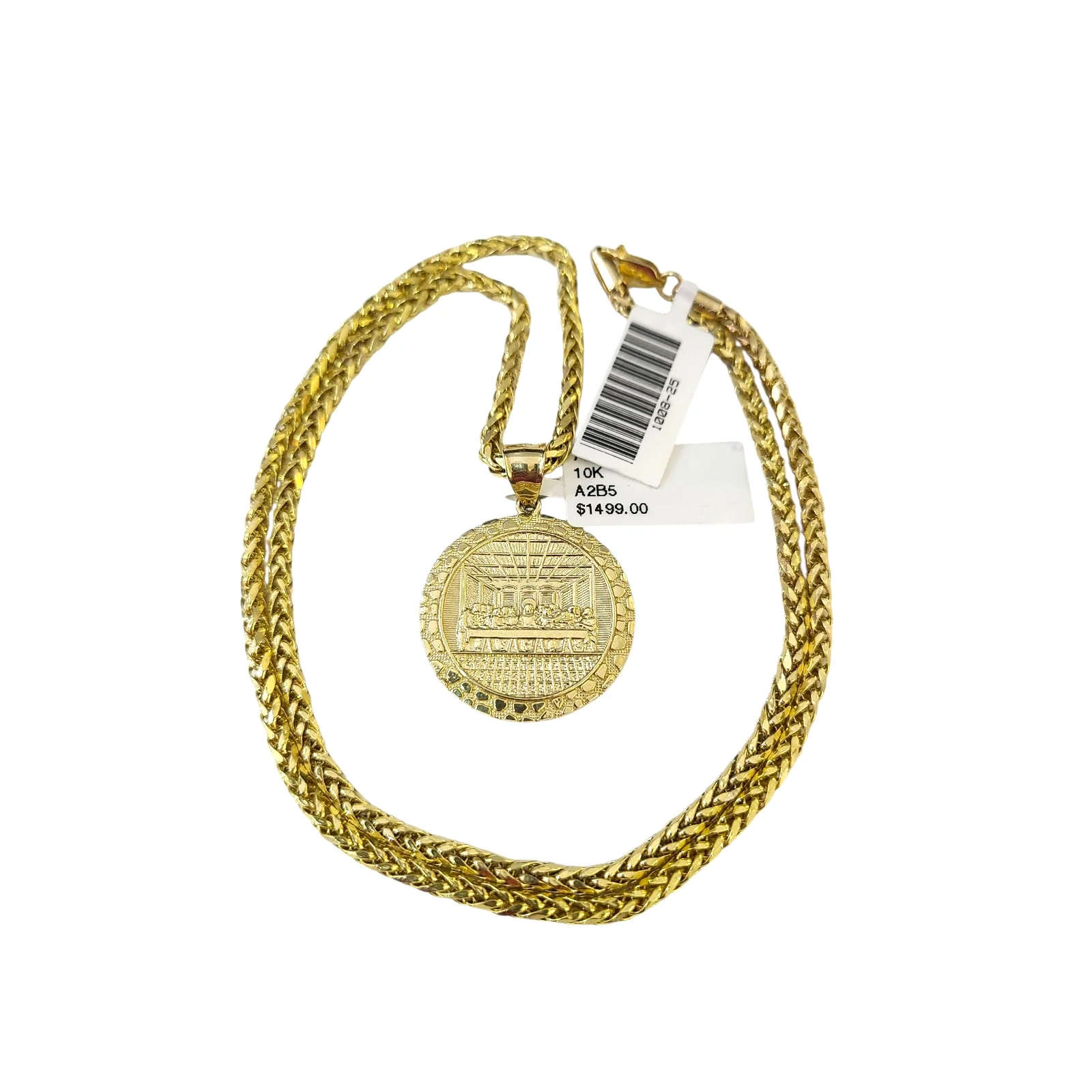10k Yellow Gold Palm Chain Nugget Last Supper Pendant Charm 3mm SET Necklace - Image 4