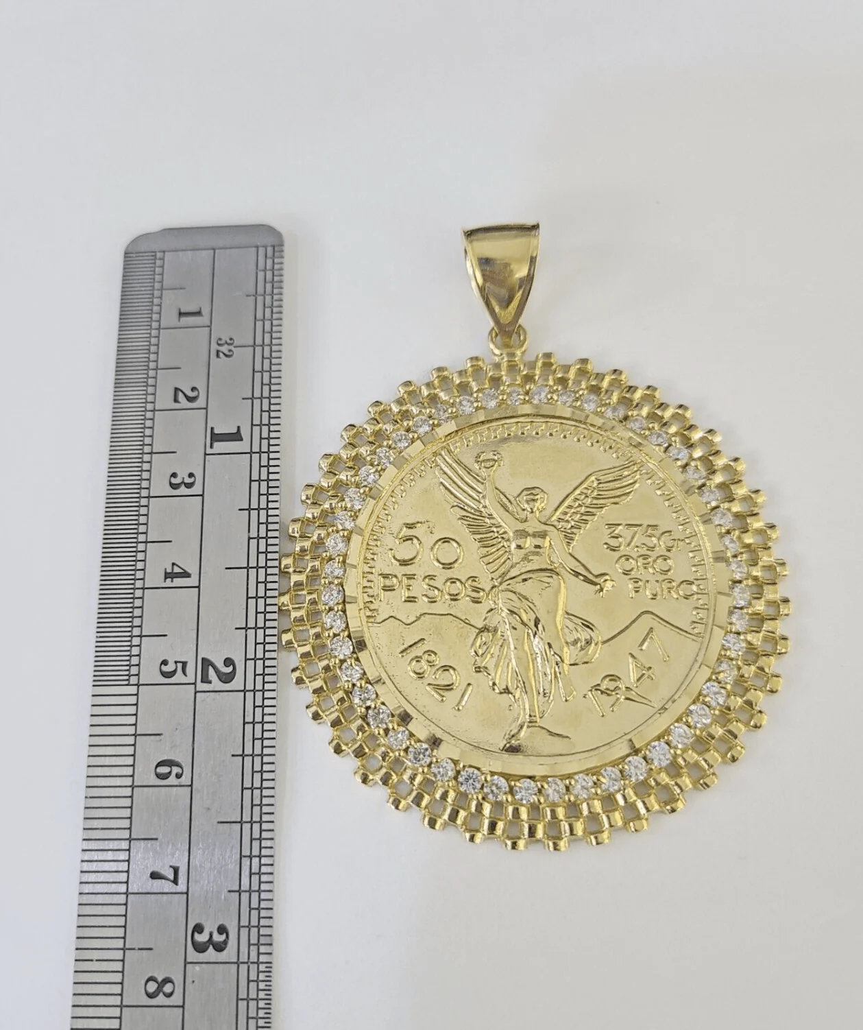 10k Yellow Gold Pendant Centenario-style Coin Charm 50 Pesos 1947 Mexican 2.5" - Image 2