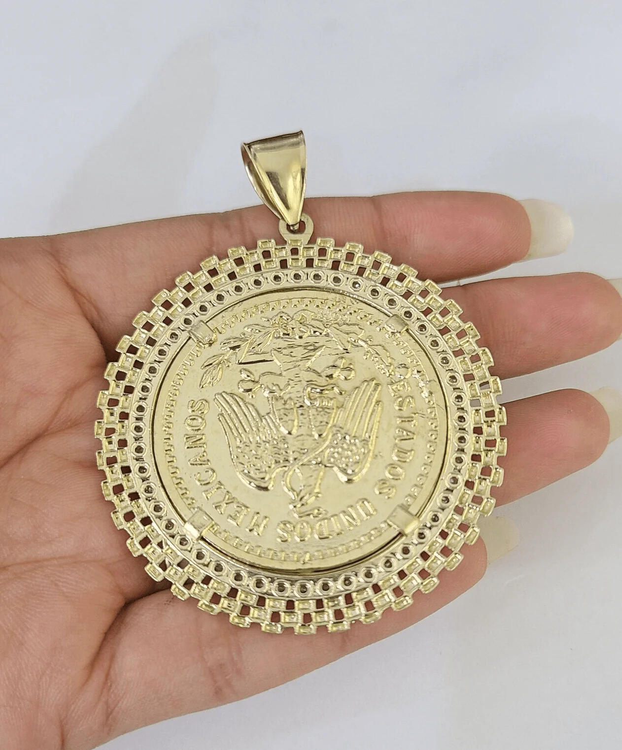 10k Yellow Gold Pendant Centenario-style Coin Charm 50 Pesos 1947 Mexican 2.5" - Image 3