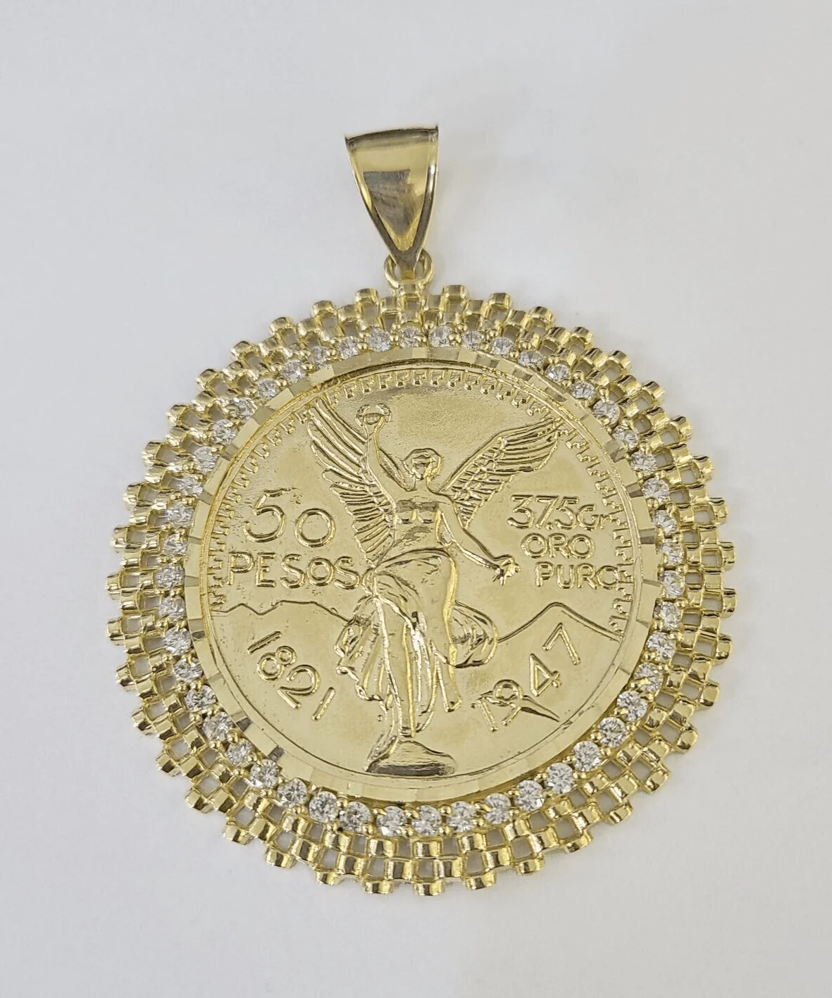 10k Yellow Gold Pendant Centenario-style Coin Charm 50 Pesos 1947 Mexican 2.5" - Image 4
