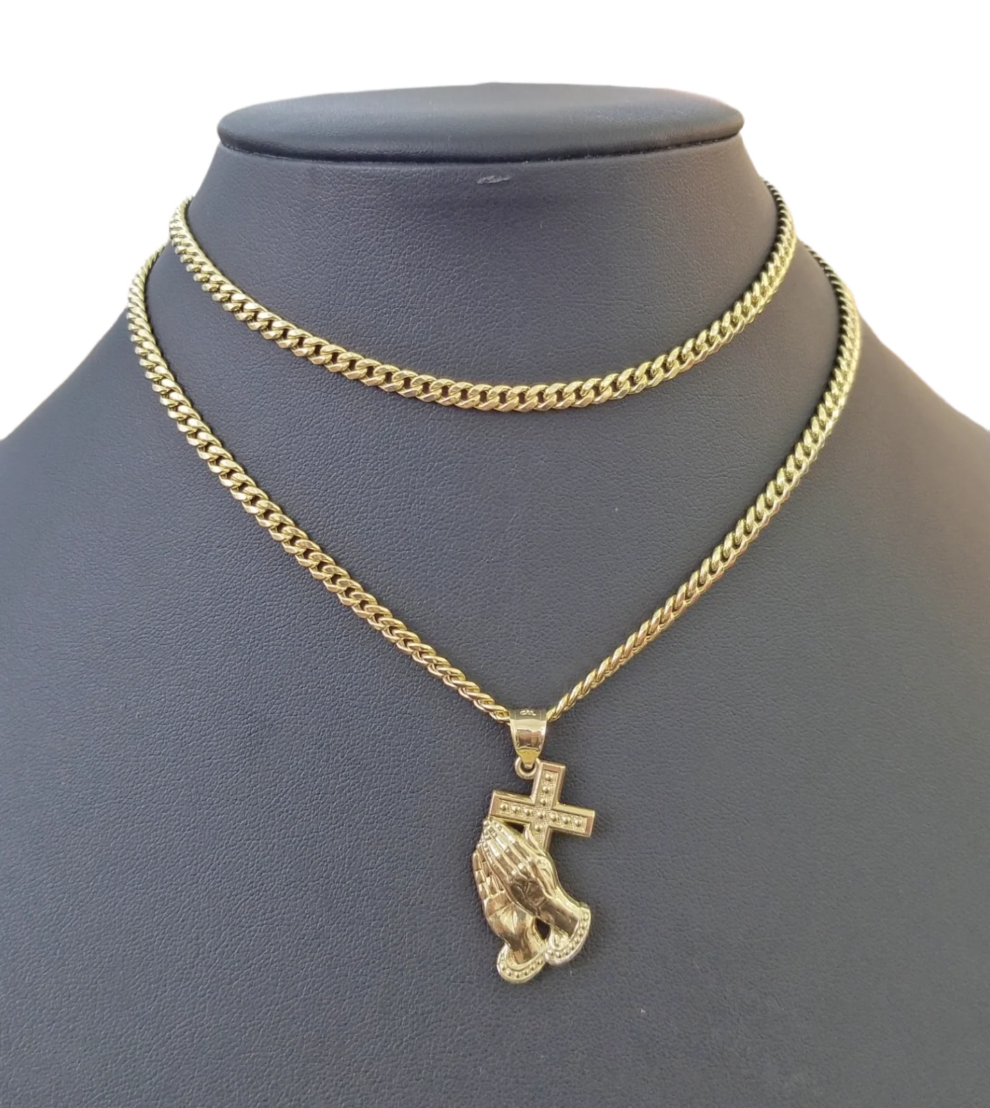 10K Yellow Gold Praying Hand Cross Pendant Charm 4mm Cuban Link Chain 26" Inch - Image 2