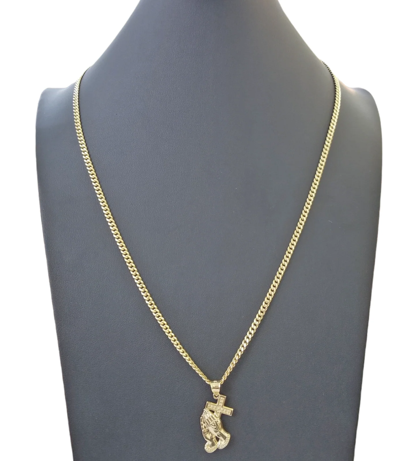 10K Yellow Gold Praying Hand Cross Pendant Charm 4mm Cuban Link Chain 26" Inch - Image 5