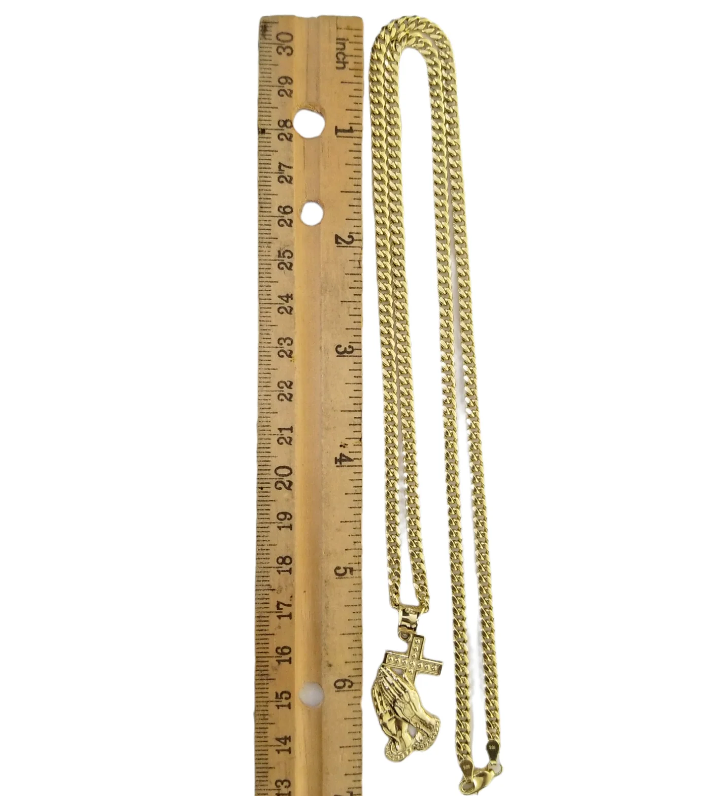 10K Yellow Gold Praying Hand Cross Pendant Charm 4mm Cuban Link Chain 26" Inch - Image 8
