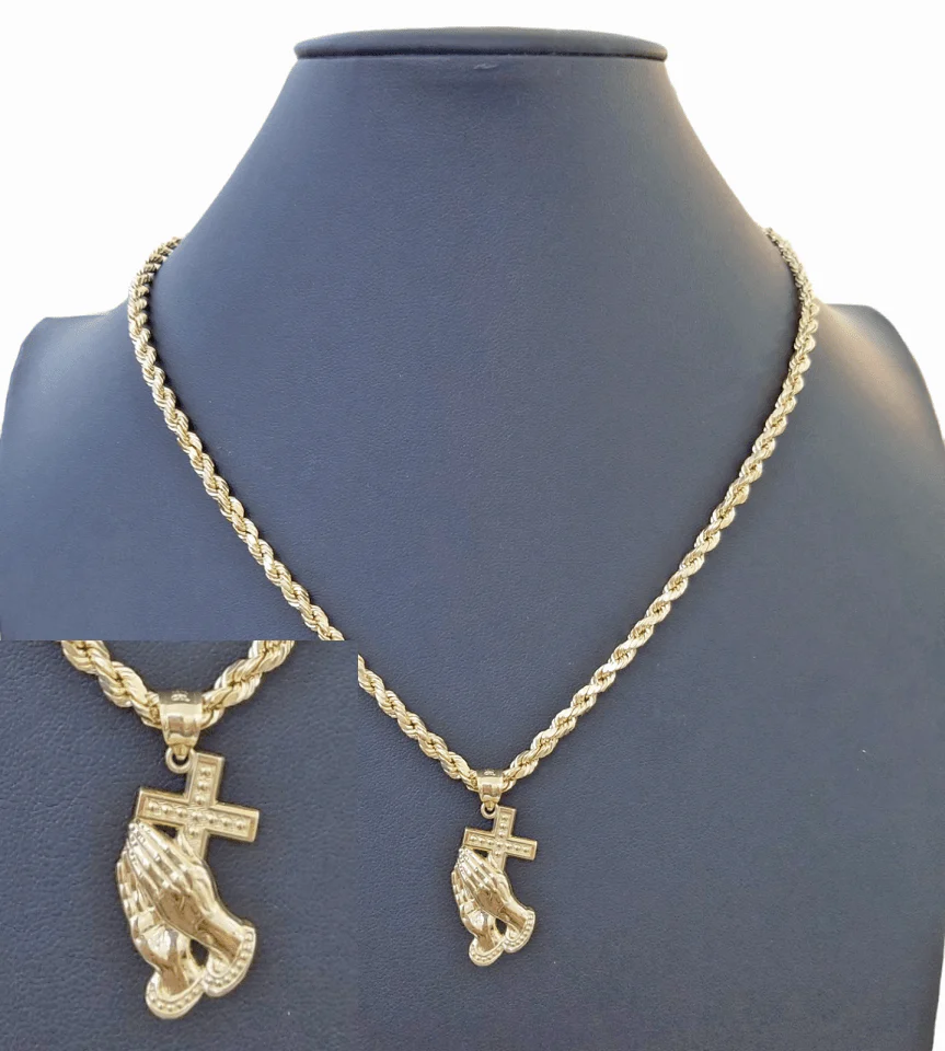 10k Yellow Gold Praying Hand Cross Pendent 4mm Rope Chain 18 20 22 24 26 28 30" - Image 2