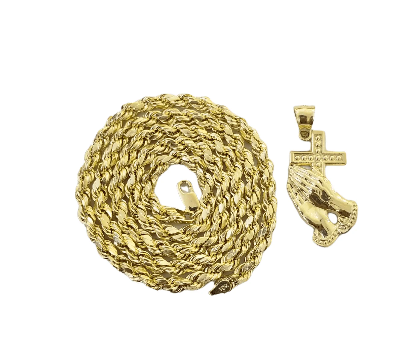 10k Yellow Gold Praying Hand Cross Pendent 4mm Rope Chain 18 20 22 24 26 28 30" - Image 3