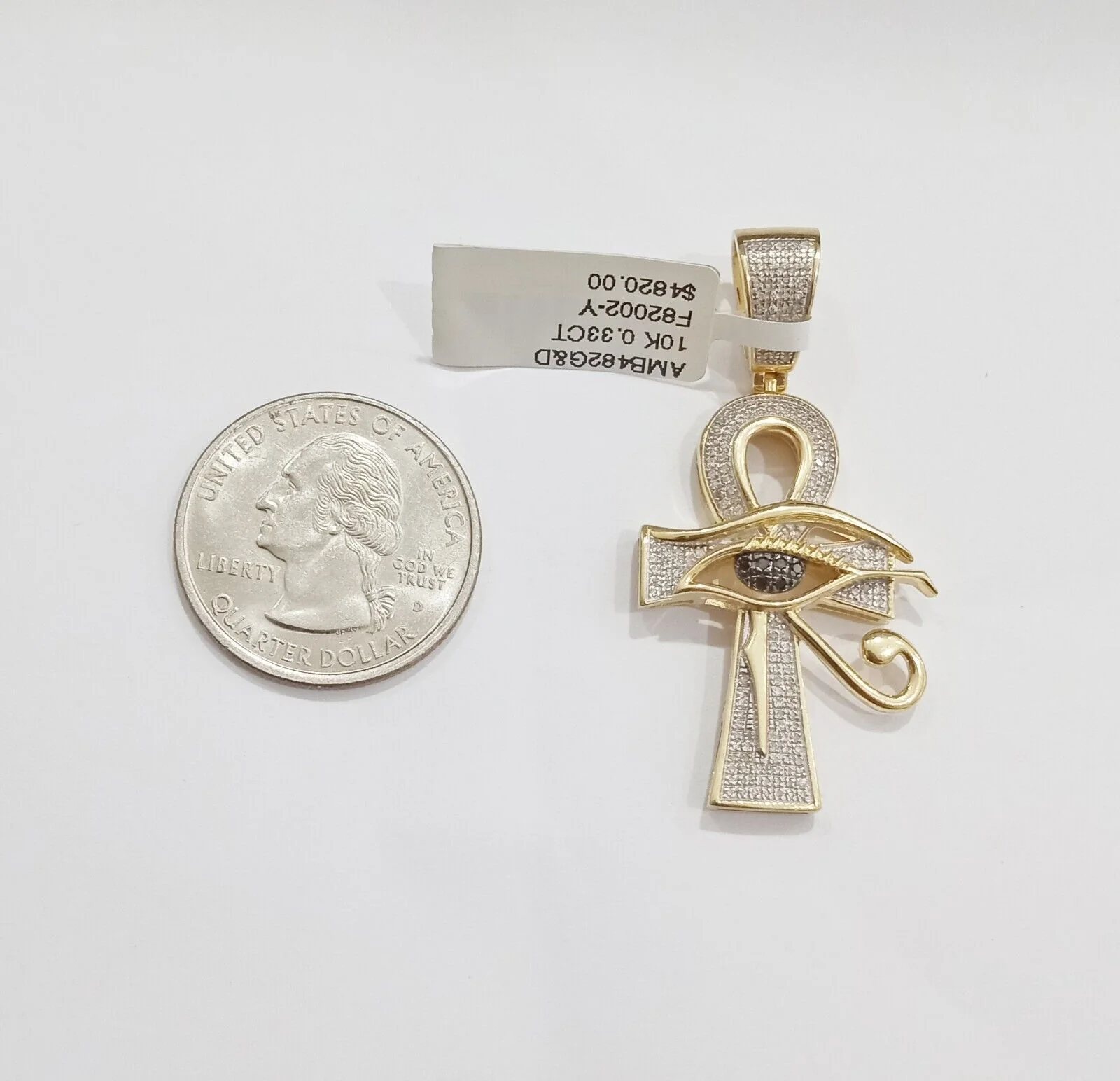 10k Yellow Gold Real Diamond Evil Eye Ankh Charm Pendant - Image 4
