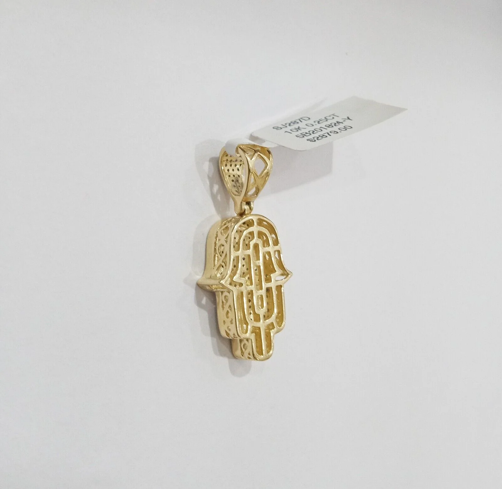 10k Yellow Gold Real Diamond Hamsa Hand Charm Pendant - Image 6