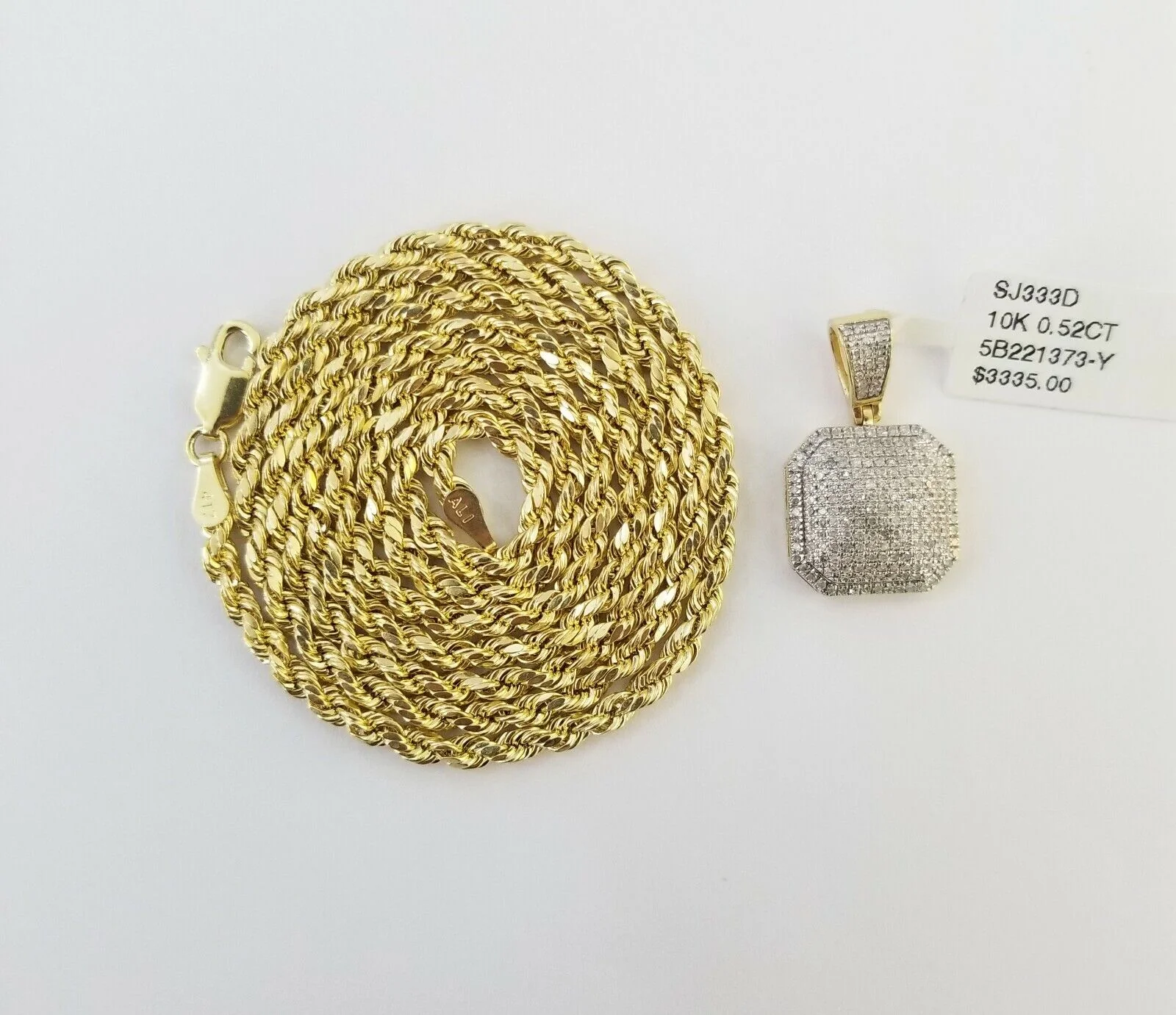 10K Yellow Gold Real Diamond Pillow Charm With 24" 3mm gold rope chain - Image 3