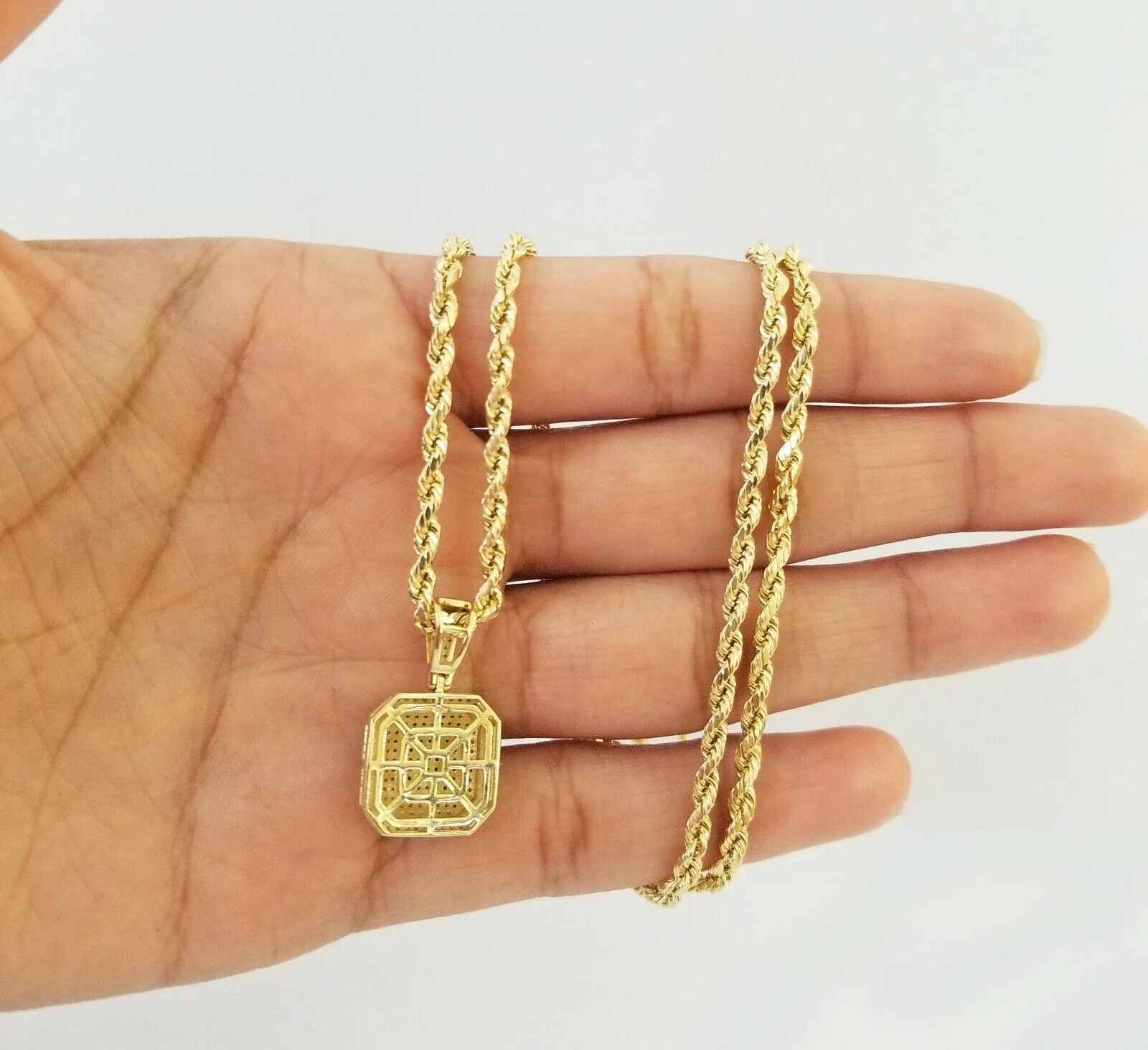 10K Yellow Gold Real Diamond Pillow Charm With 24" 3mm gold rope chain - Image 5