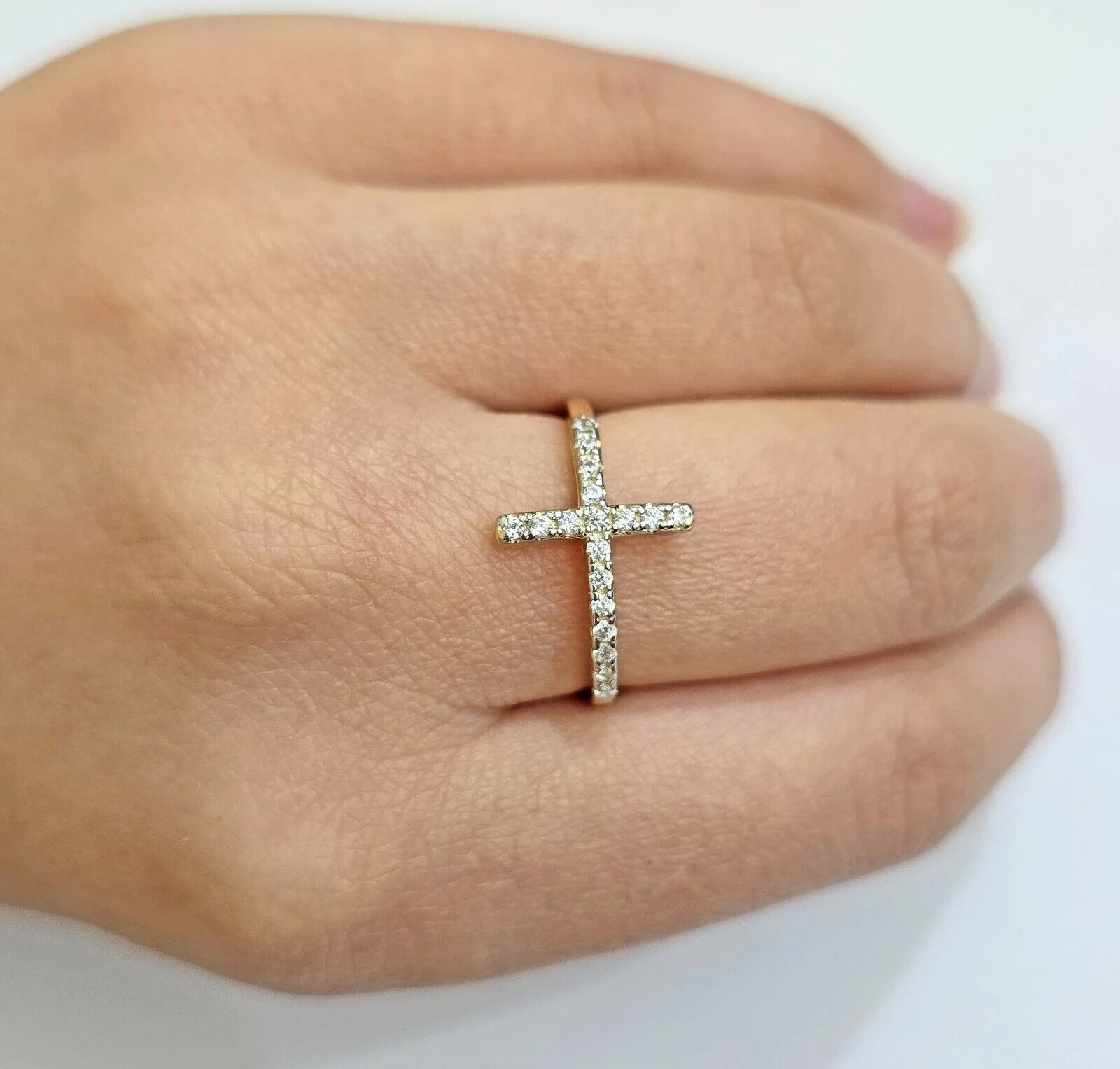 10k Yellow Gold Ring Ladies Real 10kt Cross Ring With Stones For Women Ring Sizes 6,7,8,9,10,11 & 12
