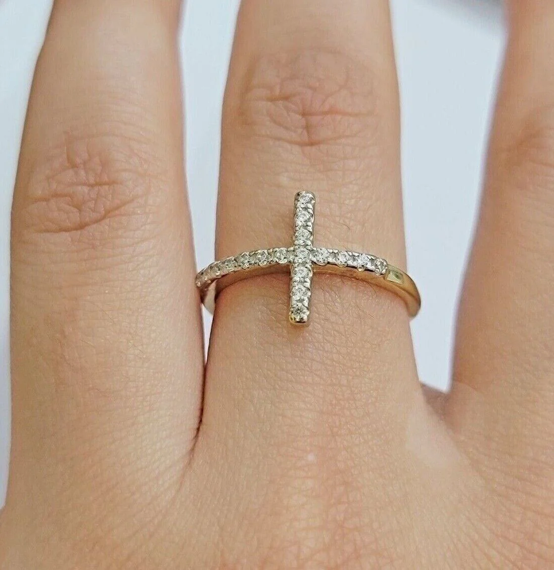 10k Yellow Gold Ring Ladies Real 10kt Cross Ring With Stones For Women Ring Sizes 6,7,8,9,10,11 & 12 - Image 3