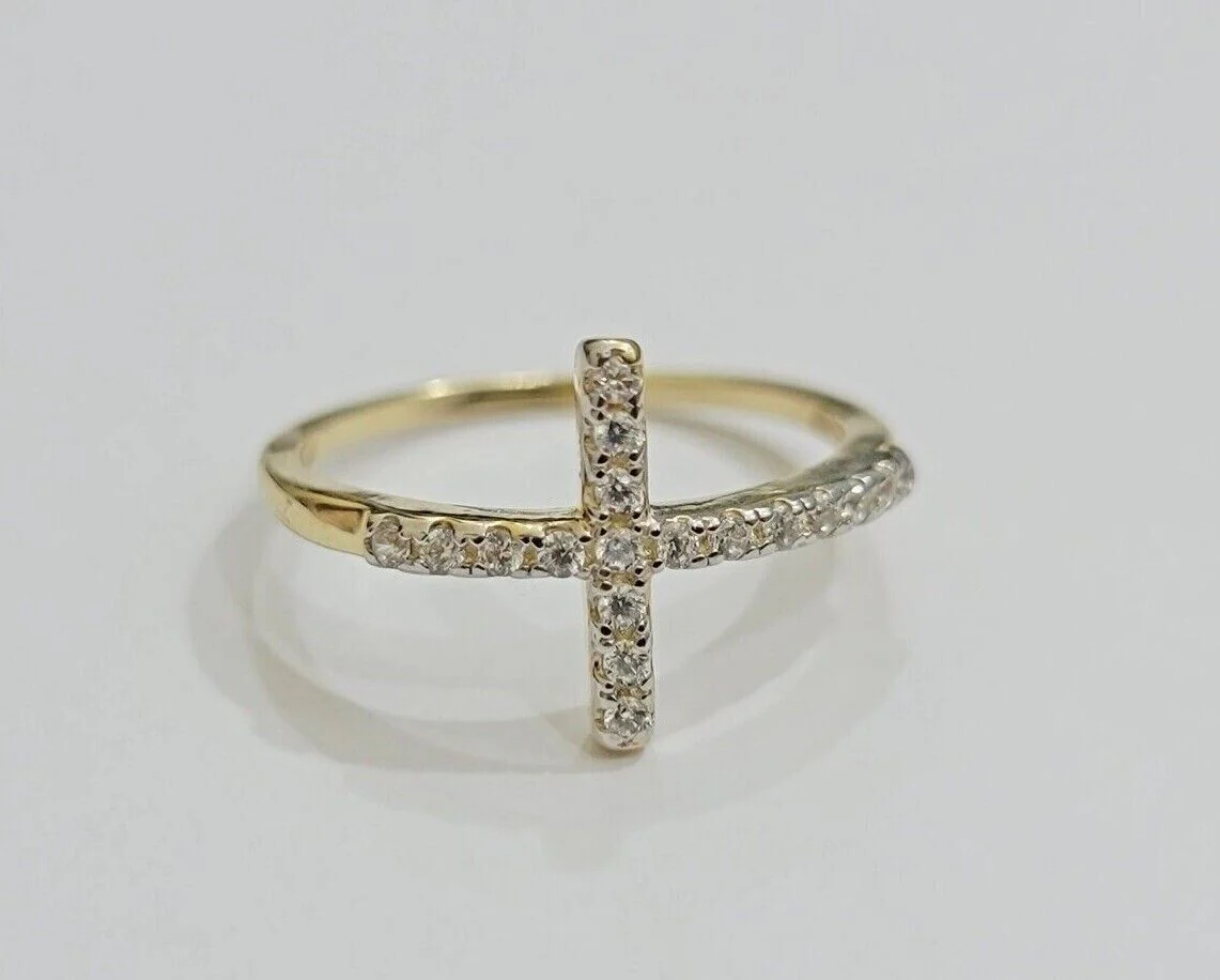 10k Yellow Gold Ring Ladies Real 10kt Cross Ring With Stones For Women Ring Sizes 6,7,8,9,10,11 & 12 - Image 4