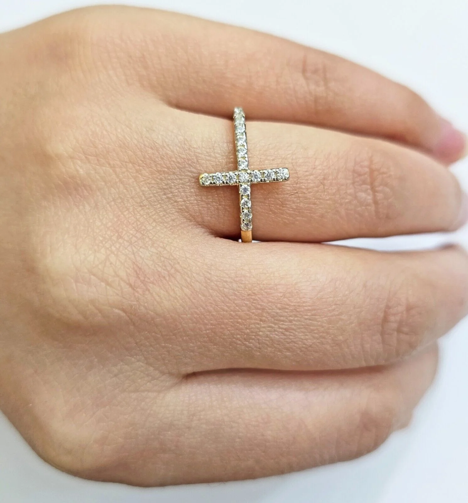 10k Yellow Gold Ring Ladies Real 10kt Cross Ring With Stones For Women Ring Sizes 6,7,8,9,10,11 & 12 - Image 7