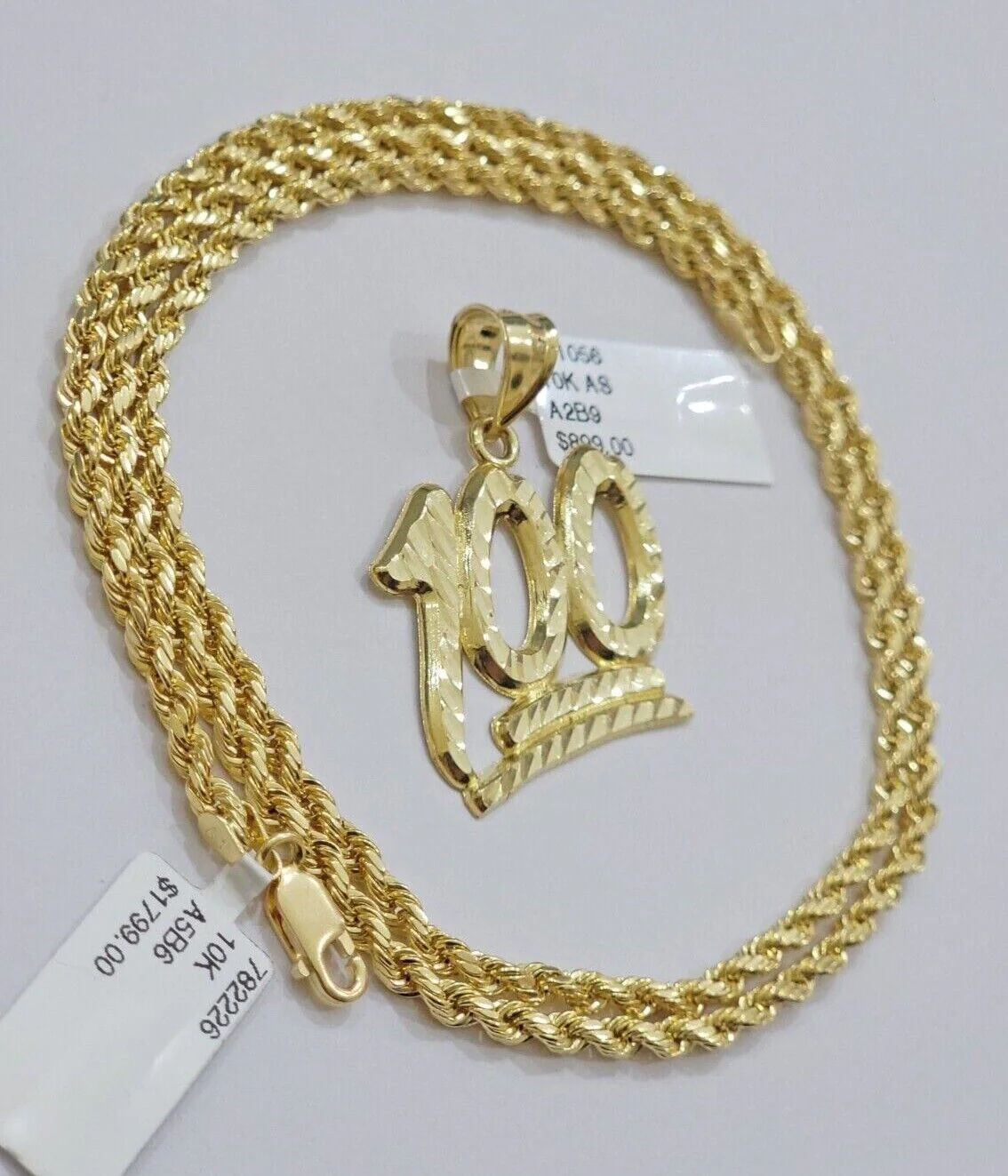 10k Yellow Gold Rope Chain 100 Charm Pendant Set 22 Inch 3mm Necklace REAL SALE - Image 4