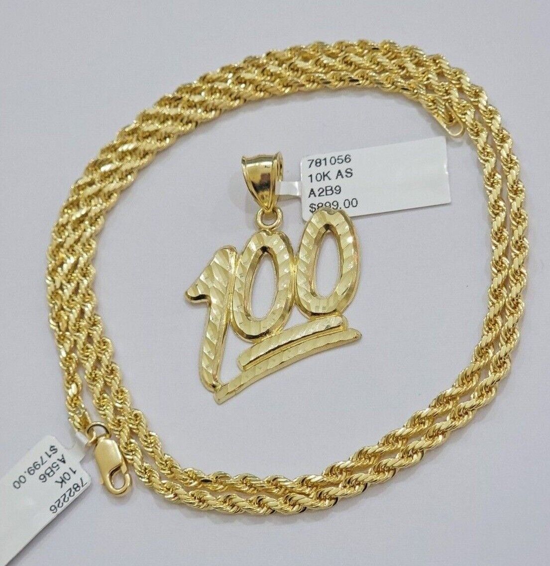10k Yellow Gold Rope Chain 100 Charm Pendant Set 22 Inch 3mm Necklace REAL SALE - Image 6
