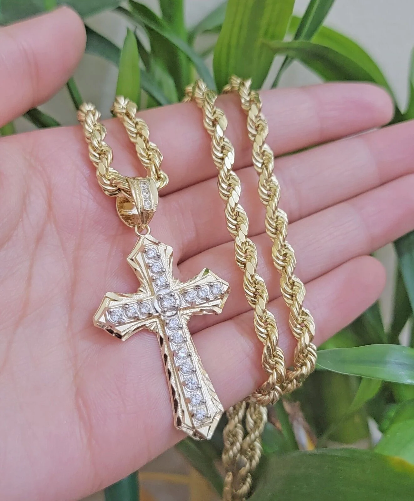 10k Yellow Gold Rope Chain 26" 5mm Necklace Cross Charm Pendant Set REAL 10k Men - Image 2