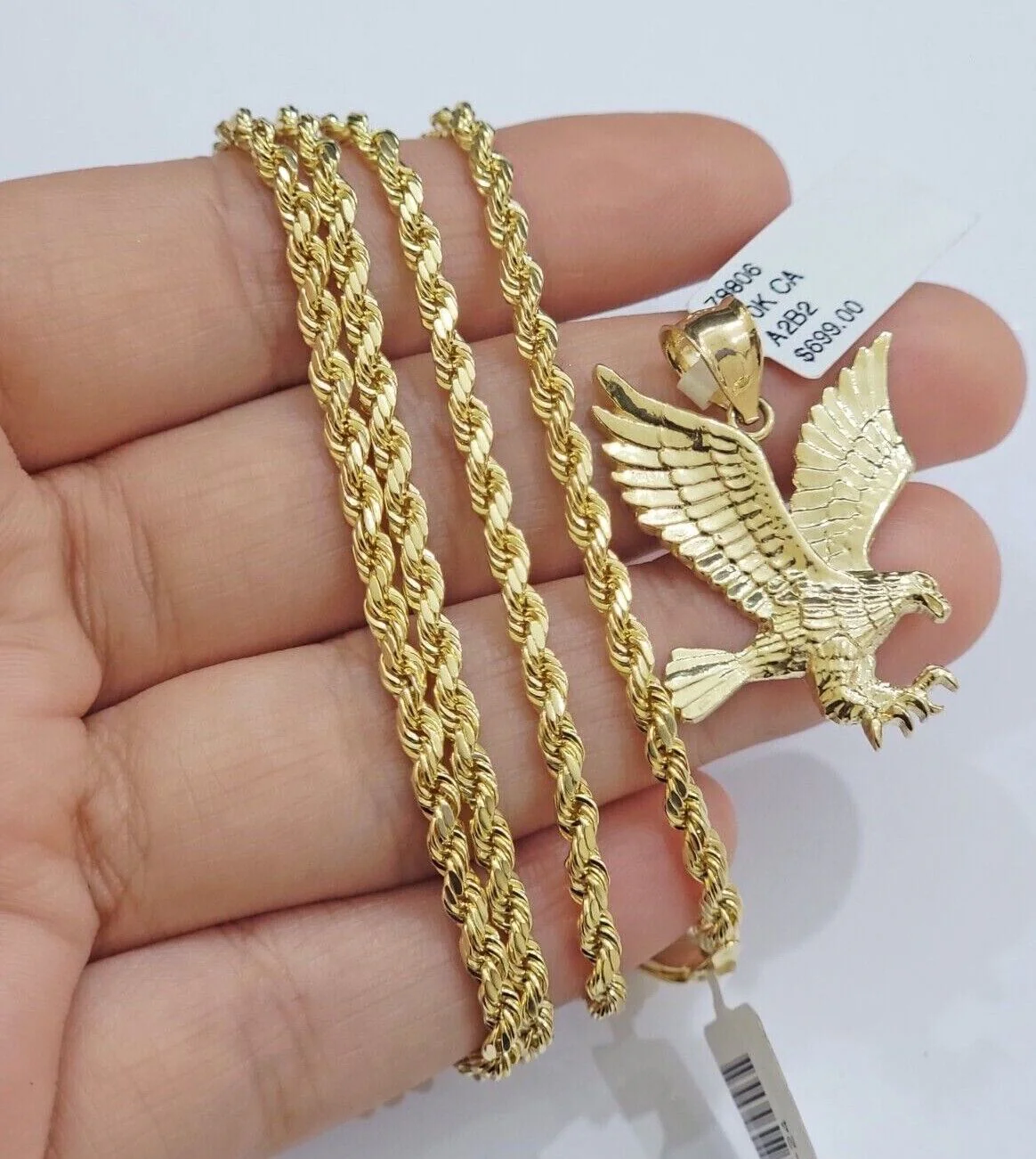 10k Yellow Gold Rope Chain Eagle Charm Pendant Set 18"-28 Inch 3mm Necklace REAL - Image 3