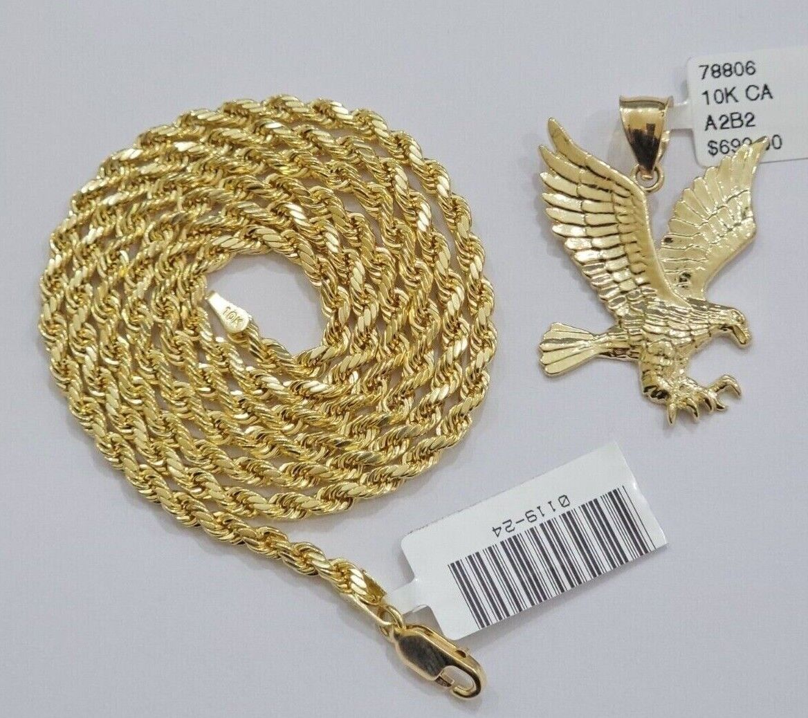 10k Yellow Gold Rope Chain Eagle Charm Pendant Set 18"-28 Inch 3mm Necklace REAL - Image 5
