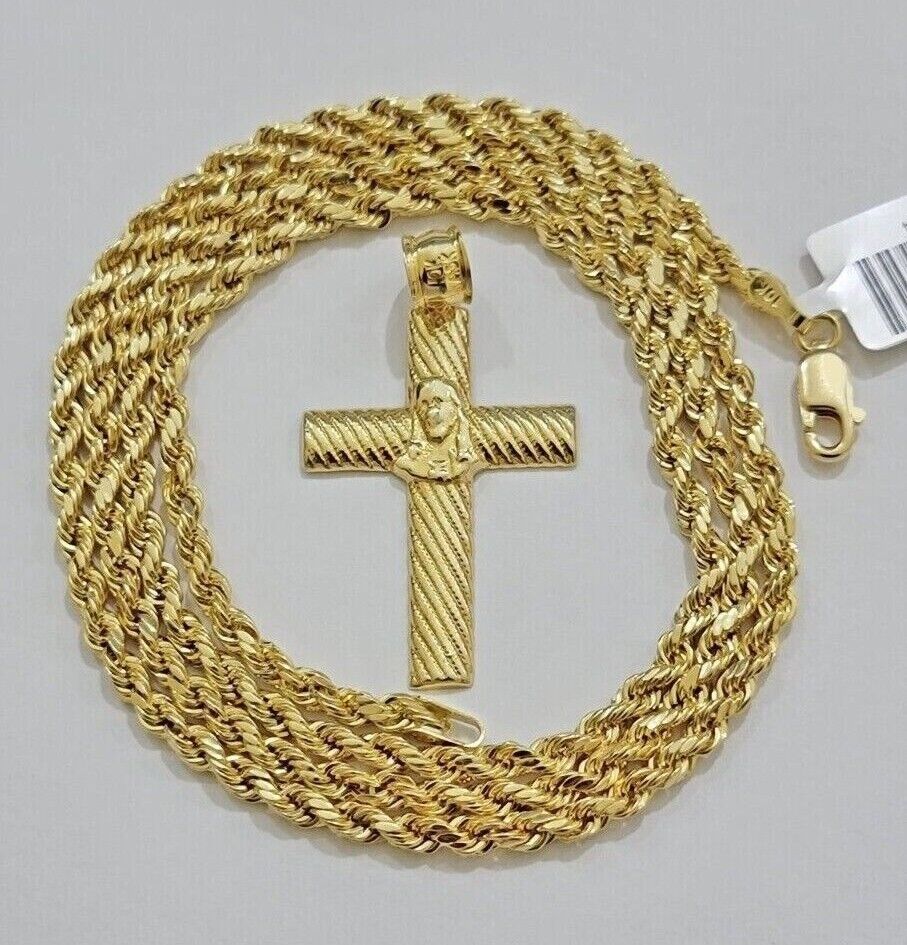10k Yellow Gold Rope Chain Jesus Cross Charm Pendant Set 18-28'' Inches Necklace - Image 3