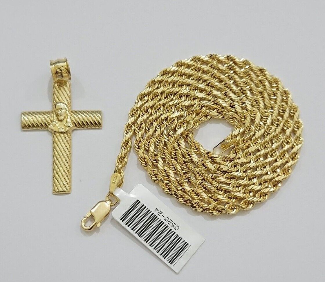 10k Yellow Gold Rope Chain Jesus Cross Charm Pendant Set 18-28'' Inches Necklace - Image 4