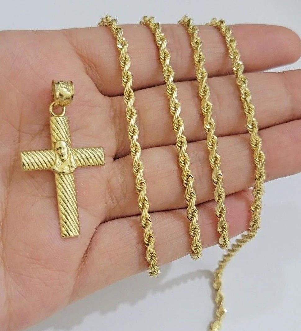 10k Yellow Gold Rope Chain Jesus Cross Charm Pendant Set 18-28'' Inches Necklace - Image 5