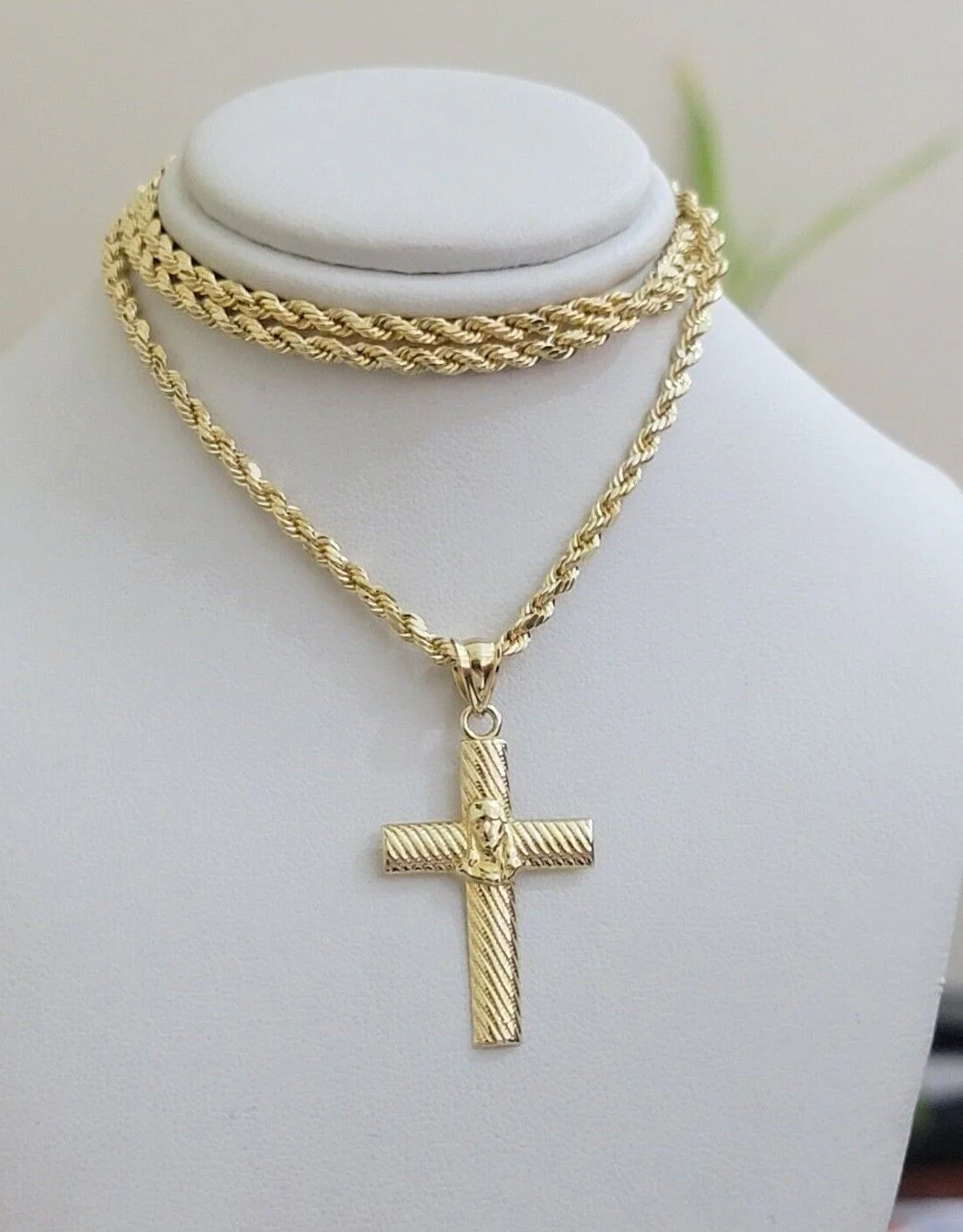 10k Yellow Gold Rope Chain Jesus Cross Charm Pendant Set 18-28'' Inches Necklace - Image 6