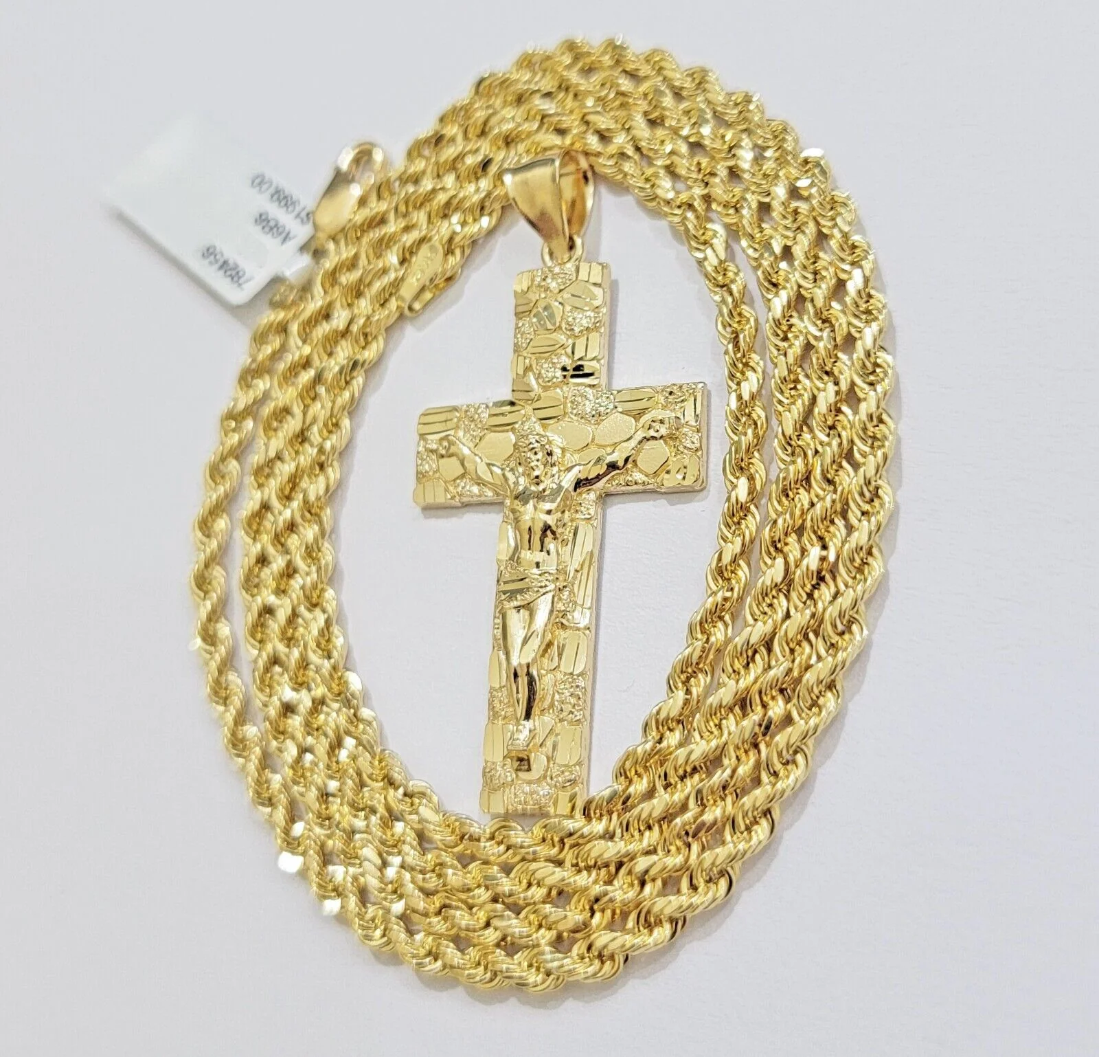 10k Yellow Gold Rope Chain Nugget Cross Charm Set 22 Inch necklace pendant, REAL - Image 3