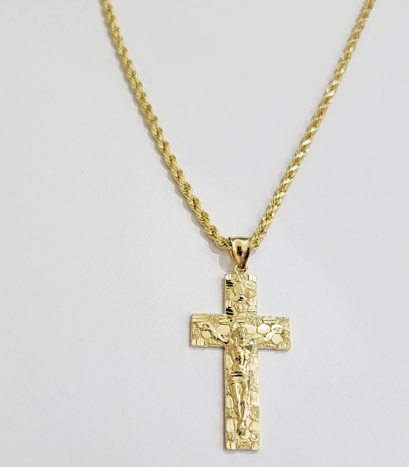 10k Yellow Gold Rope Chain Nugget Cross Charm Set 22 Inch necklace pendant, REAL - Image 4