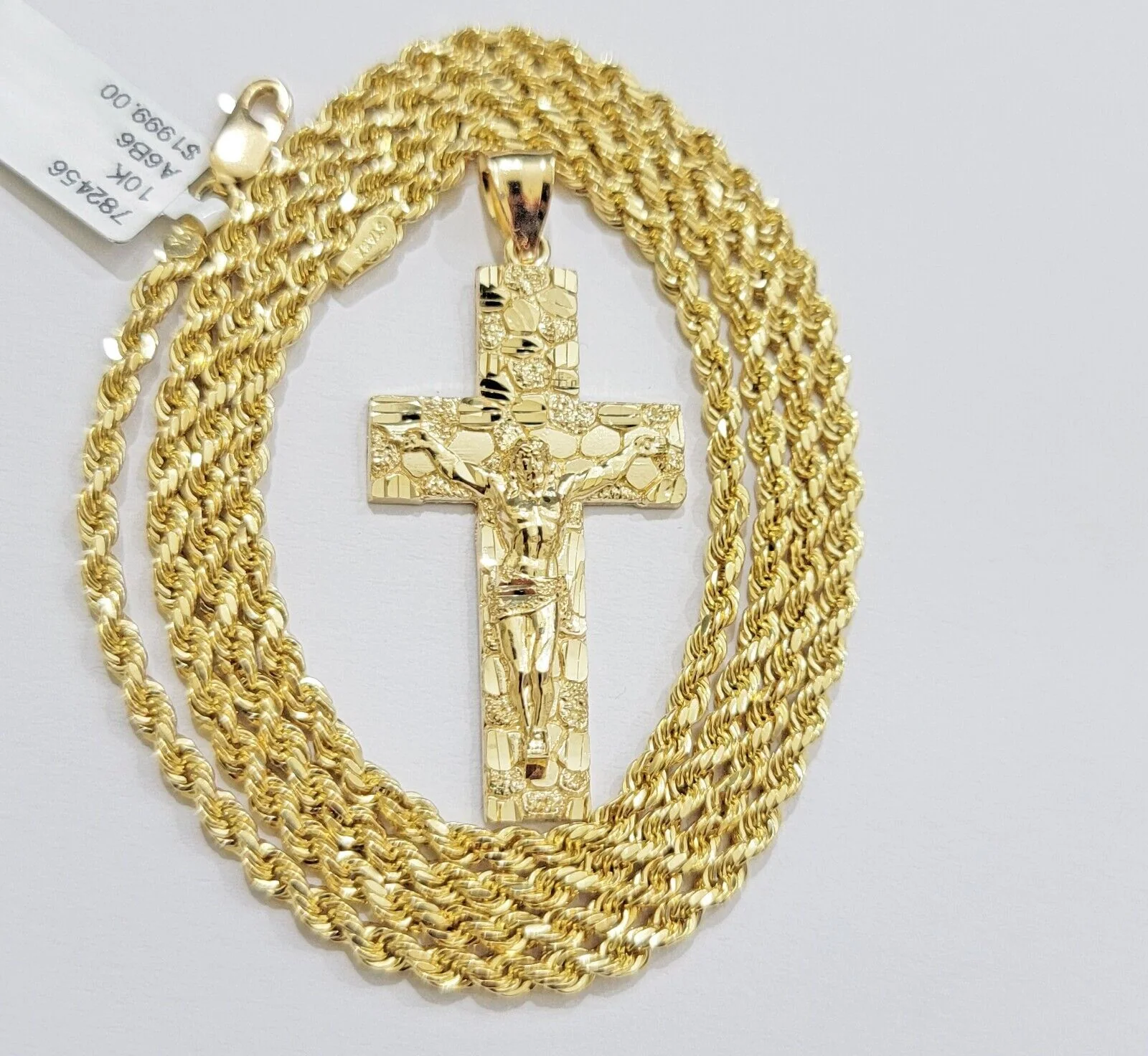 10k Yellow Gold Rope Chain Nugget Cross Charm Set 22 Inch necklace pendant, REAL - Image 6