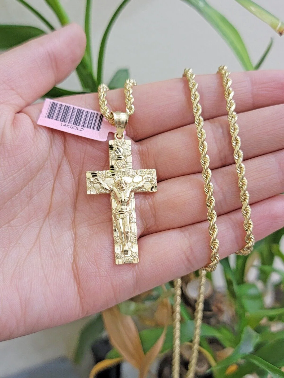 10k Yellow Gold Rope Chain Nugget Cross Charm Set 24 Inch necklace pendant, REAL - Image 5