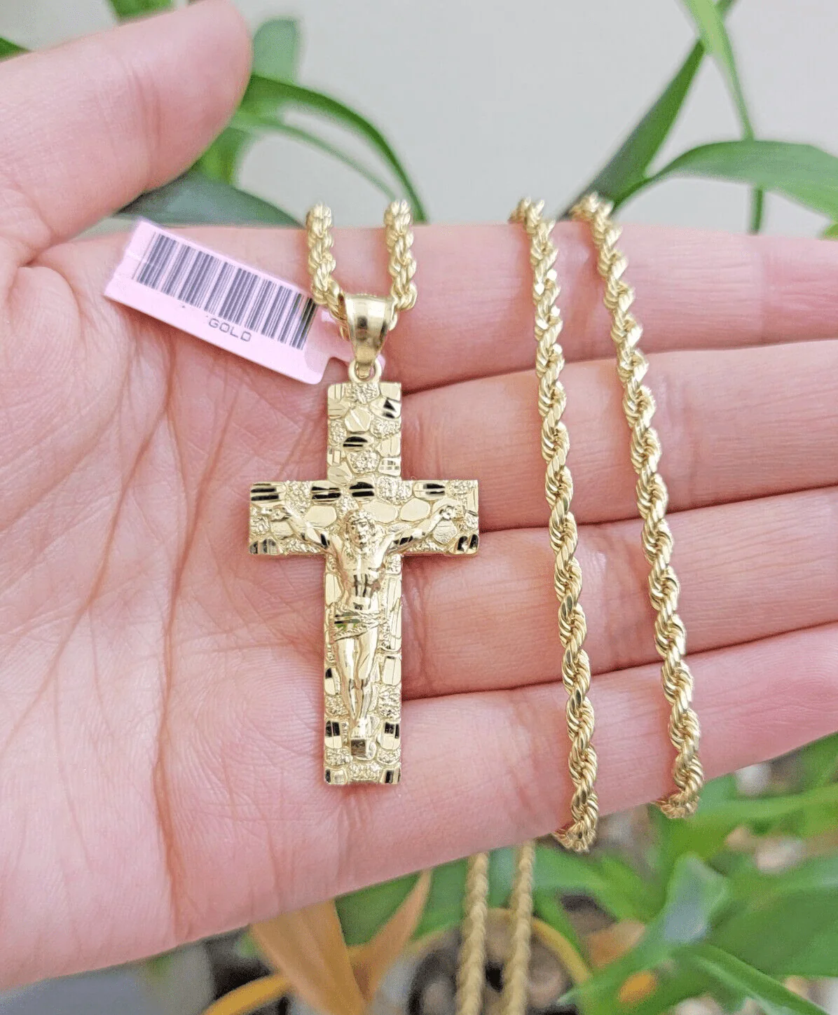10k Yellow Gold Rope Chain Nugget Cross Charm Set 28 Inch necklace pendant, REAL - Image 2