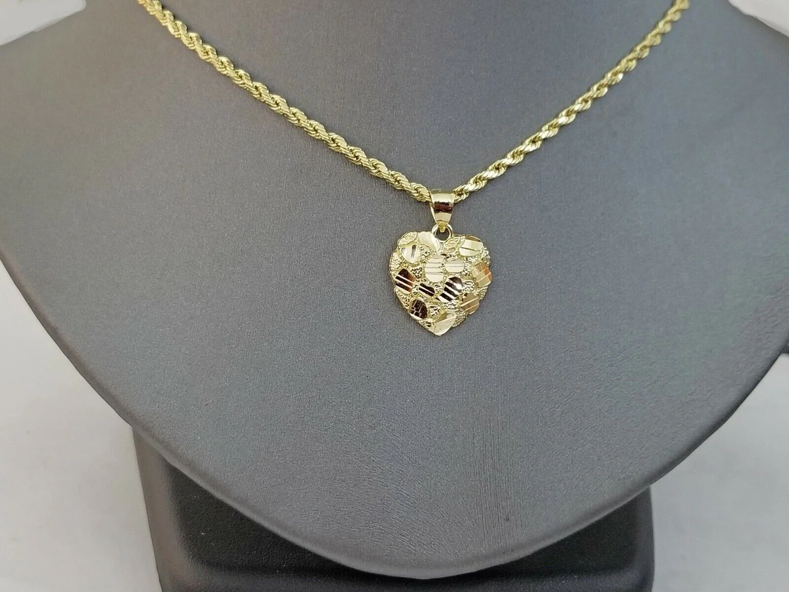 10k Yellow Gold Rope Chain Nugget Heart Charm Pendant 18" 20" 22" 24" 26" 28" - Image 4