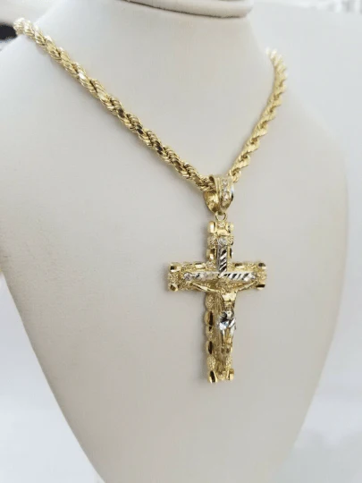 10k yellow gold rope chain with cross charm pendant set real 10kt 4mm necklace - Image 7
