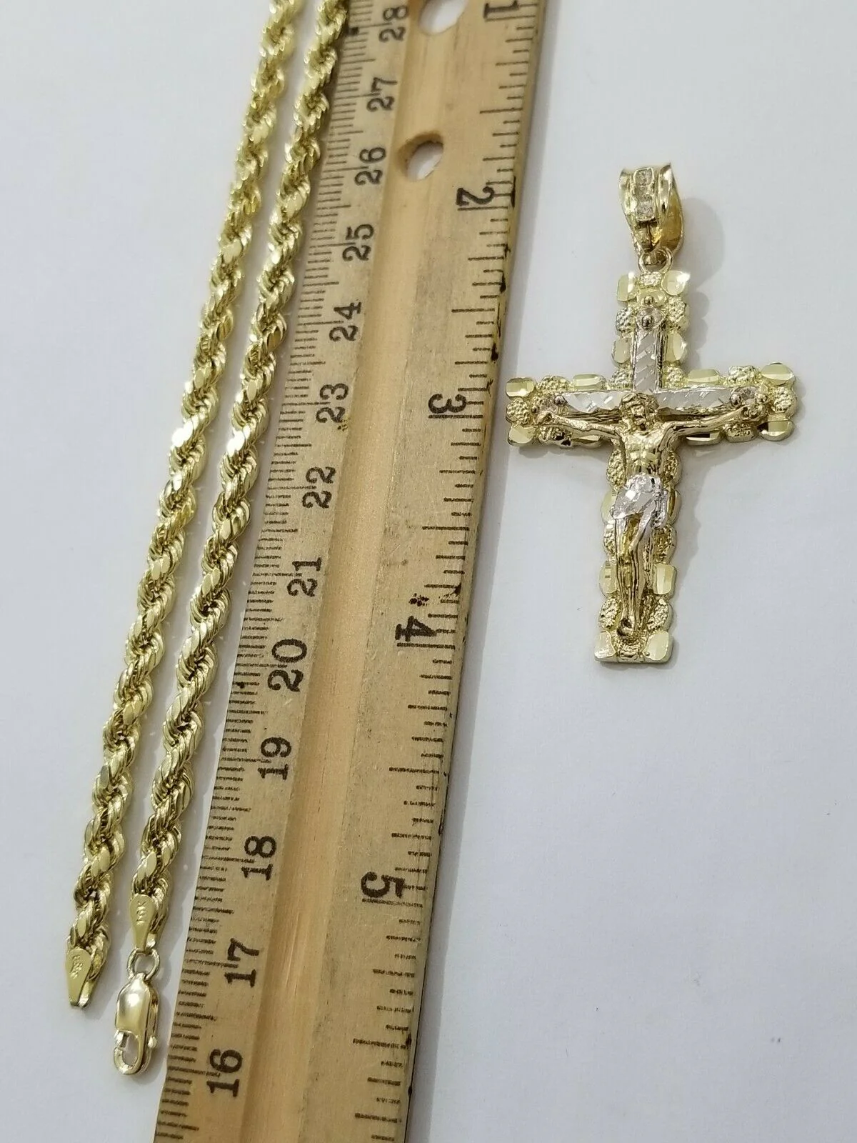 10k Yellow Gold Rope Chain With Cross Charm Pendant Set REAL 10KT 4mm Necklace - Image 3